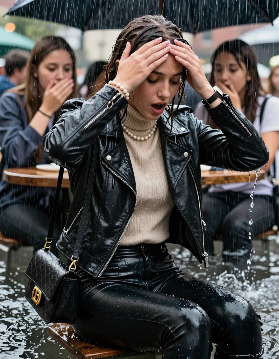 photo of young woman, in soaking wet, drenched clothes,
, Black leatherleggings , Biker leatherjacket, knit turtleneck sweater belly free, handbag, pearl necklace, bracelet, wristwatch, Sitting Under a flood of water from the canopy of an outdoor restaurant during extremely heavy rain, 
enjoying, wet clothes stuck to body,
detailed textures of the wet clothes, wet face, wet plastered hair,
wet, drenched, professional, high-quality details, full body view.
sharp focus, ultra-high pixel detail, realistic, high-quality, full colors, incredibly detailed, 4k, 8k, 16k, hyper-realistic, RAW photo, masterpiece, ultra-detailed, professionally color graded, professional photograph, 15 years old  school girl and her friends. Completely soaked to the Skin.

Open mouth, hands on her forehead, looking down. One Hand Covers her friends mouth. 

The girls wear different clothes.

she is completely underwater up to her neck, surprised and astonished expression. 

her clothing is soaking wet and clinging tightly to her skin, showing heavy wet folds, darkened fabric texture, and deep water-saturated Patches, her clothes are heavy from the water, water runs from her body and her clothes in streams. A lot of water also runs out of her clothes. Her clothes are darkened by the water. Her submerged clothes are good visible under the water.  she soaked her handbag into the water.

close up view, wet skin, wet clothes, wet hair, damp fabric, water runs down the clothes, wet skin, wet clothes, damp fabric. cinematic medium shot, hyper-realistic wetness, high-contrast water sheen, sharp focus, 16k resolution, professional photography, realistic water physics., wet skin, wet clothes, damp fabric, wet skin, wet clothes, damp fabric, wet skin, wet clothes, damp fabric, wet skin, wet clothes, damp fabric, wet skin, wet clothes, damp fabric, wet skin, wet clothes, damp fabric, wet skin, wet clothes, damp fabric, wet skin, wet clothes, damp fabric