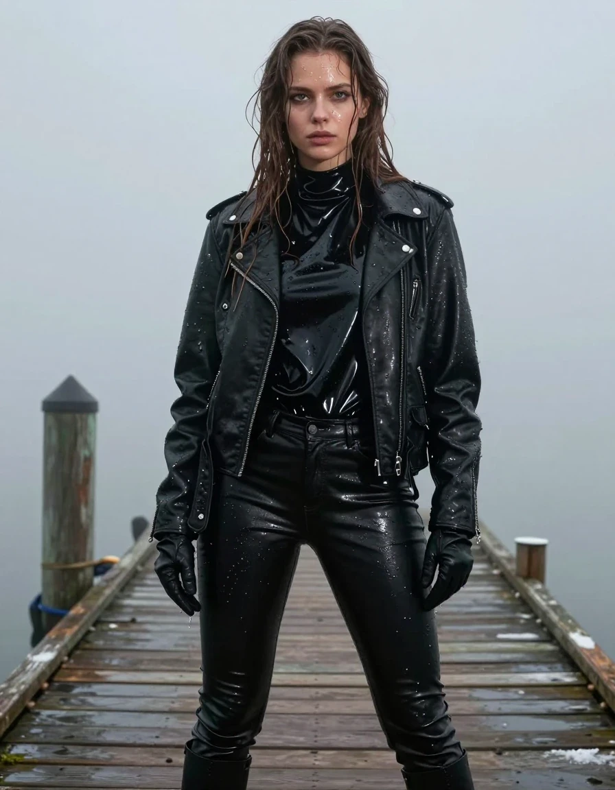 A young adult European woman with long, dripping wet brown hair, standing on a wooden pier at the docks during a heavy, atmospheric mist. She is wearing an oversized black vinyl polar neck shirt with a high-gloss wet sheen, a black biker leather jacket, and black leather jeans. She wears black leather gloves on both hands and black leather knee-high boots. Her skin is glistening with water, and her clothes are visibly drenched, featuring heavy wet folds, clinging fabric, and dark, saturated textures. The scene is captured with photorealistic detail, emphasizing the wet skin, damp fabric, and the misty, moody environment. The image is strictly non-nude, focusing on the textured materials and the drenched appearance of the subject.