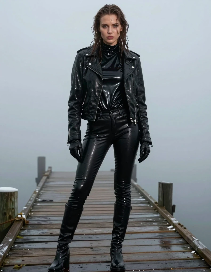 A young adult European woman with long, dripping wet brown hair, standing on a wooden pier at the docks amidst a heavy, dense mist. She is wearing an oversize black vinyl polar neck shirt with a high-gloss sheen, layered under a rugged black biker's leather jacket, and black leather gloves on both hands. She is wearing tight black leather jeans that show realistic water sheen and clinging folds, paired with black leather knee-high boots. Her skin is visibly wet and glistening, and her clothes are saturated, clinging to her frame with heavy, damp fabric textures and dark, water-soaked patches. The atmosphere is moody and cinematic, with soft, diffused lighting reflecting off the wet surfaces. The image is a photorealistic, high-detail capture, full-body shot, focusing on the textures of wet vinyl, leather, and skin, ensuring no nudity, with sharp focus and professional photographic quality.
