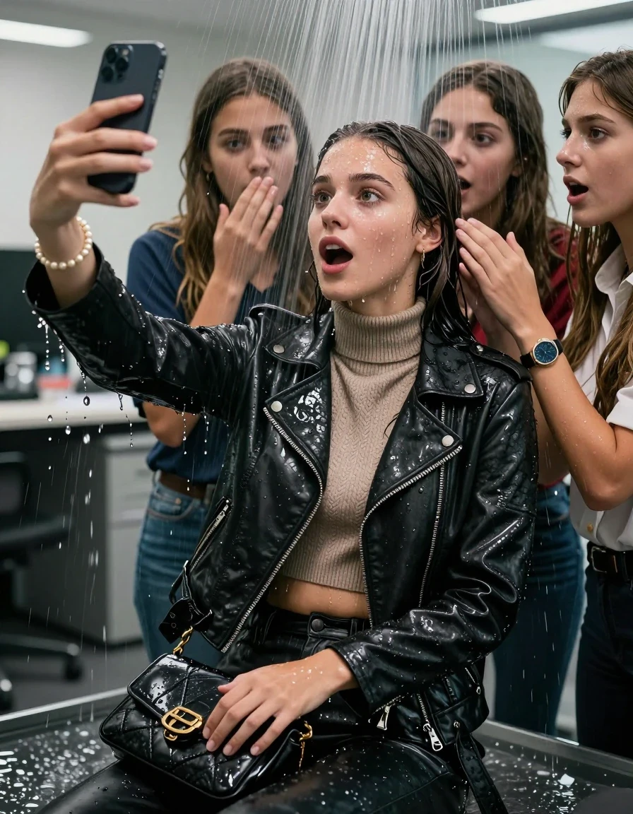 photo of young woman, in soaking wet, drenched clothes,
, , Biker leatherjacket, knit turtleneck sweater belly free, handbag, pearl necklace, bracelet, wristwatch, Sitting Under the sprinkler at office, strong jet of water, 
enjoying, wet clothes stuck to body,
detailed textures of the wet clothes, wet face, wet plastered hair,
wet, drenched, professional, high-quality details, full body view.
sharp focus, ultra-high pixel detail, realistic, high-quality, full colors, incredibly detailed, 4k, 8k, 16k, hyper-realistic, RAW photo, masterpiece, ultra-detailed, professionally color graded, professional photograph, 15 years old  school girl and her friends. Completely soaked to the Skin.

Only head and shoulders are over the surface visible. One Hand Covers her friends mouth. Take a Selfie with her Smartphone.

The girls wear different clothes.

she is completely underwater up to her neck, surprised and astonished expression. 

her clothing is soaking wet and clinging tightly to her skin, showing heavy wet folds, darkened fabric texture, and deep water-saturated Patches, her clothes are heavy from the water, water runs from her body and her clothes in streams. A lot of water also runs out of her clothes. Her clothes are darkened by the water. Her submerged clothes are good visible under the water.  she soaked her handbag into the water.

close up view, wet skin, wet clothes, wet hair, damp fabric, water runs down the clothes, wet skin, wet clothes, damp fabric. cinematic medium shot, hyper-realistic wetness, high-contrast water sheen, sharp focus, 16k resolution, professional photography, realistic water physics., wet skin, wet clothes, damp fabric, wet skin, wet clothes, damp fabric, wet skin, wet clothes, damp fabric, wet skin, wet clothes, damp fabric, wet skin, wet clothes, damp fabric, wet skin, wet clothes, damp fabric, wet skin, wet clothes, damp fabric