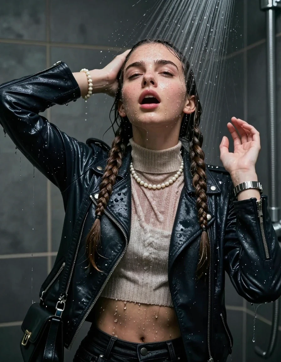 photo of young woman, in soaking wet, drenched clothes,
, , Biker leatherjacket, knit turtleneck sweater belly free, handbag, pearl necklace, bracelet, wristwatch, Under the shower, strong jet of water, party room, 
enjoying, wet clothes stuck to body,
detailed textures of the wet clothes, wet face, wet plastered hair,
wet, drenched, professional, high-quality details, full body view.
sharp focus, ultra-high pixel detail, realistic, high-quality, full colors, incredibly detailed, 4k, 8k, 16k, hyper-realistic, RAW photo, masterpiece, ultra-detailed, professionally color graded, professional photograph, Two long braids 

 15 years old  school girl

Only head and shoulders are over the surface visible. Open mouth, closed eyes. Looking up. Hands up.

The girls wear different clothes.

she is completely underwater up to her neck, surprised and astonished expression. 

her clothing is soaking wet and clinging tightly to her skin, showing heavy wet folds, darkened fabric texture, and deep water-saturated Patches, her clothes are heavy from the water, water runs from her body and her clothes in streams. A lot of water also runs out of her clothes. Her clothes are darkened by the water. Her submerged clothes are good visible under the water.  she soaked her handbag into the water.

close up view, wet skin, wet clothes, wet hair, damp fabric, water runs down the clothes, wet skin, wet clothes, damp fabric. cinematic medium shot, hyper-realistic wetness, high-contrast water sheen, sharp focus, 16k resolution, professional photography, realistic water physics., wet skin, wet clothes, damp fabric, wet skin, wet clothes, damp fabric, wet skin, wet clothes, damp fabric, wet skin, wet clothes, damp fabric, wet skin, wet clothes, damp fabric