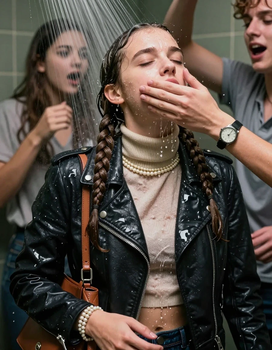 photo of young woman, in soaking wet, drenched clothes,
, , Biker leatherjacket, knit turtleneck sweater belly free, handbag, pearl necklace, bracelet, wristwatch, Orgasm Under the shower, strong jet of water, party room, 
enjoying, wet clothes stuck to body,
detailed textures of the wet clothes, wet face, wet plastered hair,
wet, drenched, professional, high-quality details, full body view.
sharp focus, ultra-high pixel detail, realistic, high-quality, full colors, incredibly detailed, 4k, 8k, 16k, hyper-realistic, RAW photo, masterpiece, ultra-detailed, professionally color graded, professional photograph, Two long braids 

 15 years old  school girl and her friends

Only head and shoulders are over the surface visible. Looking up. Open mouth, closed eyes. Her mouth is covered by her friends Hand.

The girls wear different clothes.

she is completely underwater up to her neck, surprised and astonished expression. 

her clothing is soaking wet and clinging tightly to her skin, showing heavy wet folds, darkened fabric texture, and deep water-saturated Patches, her clothes are heavy from the water, water runs from her body and her clothes in streams. A lot of water also runs out of her clothes. Her clothes are darkened by the water. Her submerged clothes are good visible under the water.  she soaked her handbag into the water.

close up view, wet skin, wet clothes, wet hair, damp fabric, water runs down the clothes, wet skin, wet clothes, damp fabric. cinematic medium shot, hyper-realistic wetness, high-contrast water sheen, sharp focus, 16k resolution, professional photography, realistic water physics., wet skin, wet clothes, damp fabric, wet skin, wet clothes, damp fabric, wet skin, wet clothes, damp fabric, wet skin, wet clothes, damp fabric, wet skin, wet clothes, damp fabric, wet skin, wet clothes, damp fabric