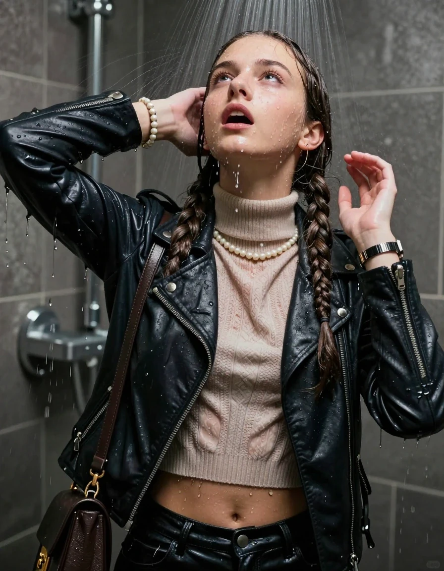 photo of young woman, in soaking wet, drenched clothes,
, , Biker leatherjacket, knit turtleneck sweater belly free, handbag, pearl necklace, bracelet, wristwatch, Under the shower, strong jet of water, party room, 
enjoying, wet clothes stuck to body,
detailed textures of the wet clothes, wet face, wet plastered hair,
wet, drenched, professional, high-quality details, full body view.
sharp focus, ultra-high pixel detail, realistic, high-quality, full colors, incredibly detailed, 4k, 8k, 16k, hyper-realistic, RAW photo, masterpiece, ultra-detailed, professionally color graded, professional photograph, Two long braids 

 15 years old  school girl

Only head and shoulders are over the surface visible. Open mouth, closed eyes. Looking up. Hands up.

The girls wear different clothes.

she is completely underwater up to her neck, surprised and astonished expression. 

her clothing is soaking wet and clinging tightly to her skin, showing heavy wet folds, darkened fabric texture, and deep water-saturated Patches, her clothes are heavy from the water, water runs from her body and her clothes in streams. A lot of water also runs out of her clothes. Her clothes are darkened by the water. Her submerged clothes are good visible under the water.  she soaked her handbag into the water.

close up view, wet skin, wet clothes, wet hair, damp fabric, water runs down the clothes, wet skin, wet clothes, damp fabric. cinematic medium shot, hyper-realistic wetness, high-contrast water sheen, sharp focus, 16k resolution, professional photography, realistic water physics., wet skin, wet clothes, damp fabric, wet skin, wet clothes, damp fabric, wet skin, wet clothes, damp fabric, wet skin, wet clothes, damp fabric, wet skin, wet clothes, damp fabric