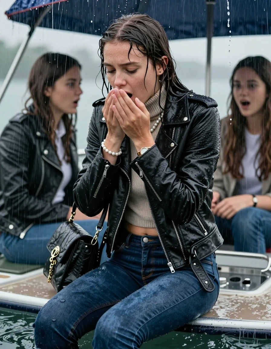 photo of young woman, in soaking wet, drenched clothes,
, Tight skinny jeans, Biker leatherjacket, knit turtleneck sweater belly free, handbag, pearl necklace, bracelet, wristwatch, Sitting Under a flood of water from the canopy of a boat during extremely heavy rain, 
enjoying, wet clothes stuck to body,
detailed textures of the wet clothes, wet face, wet plastered hair,
wet, drenched, professional, high-quality details, full body view.
sharp focus, ultra-high pixel detail, realistic, high-quality, full colors, incredibly detailed, 4k, 8k, 16k, hyper-realistic, RAW photo, masterpiece, ultra-detailed, professionally color graded, professional photograph, 15 years old  school girl and her friends. Completely soaked to the Skin.

Open mouth, hands on her mouth, looking down. 

The girls wear different clothes.

she is completely underwater up to her neck, surprised and astonished expression. 

her clothing is soaking wet and clinging tightly to her skin, showing heavy wet folds, darkened fabric texture, and deep water-saturated Patches, her clothes are heavy from the water, water runs from her body and her clothes in streams. A lot of water also runs out of her clothes. Her clothes are darkened by the water. Her submerged clothes are good visible under the water.  she soaked her handbag into the water.

close up view, wet skin, wet clothes, wet hair, damp fabric, water runs down the clothes, wet skin, wet clothes, damp fabric. cinematic medium shot, hyper-realistic wetness, high-contrast water sheen, sharp focus, 16k resolution, professional photography, realistic water physics., wet skin, wet clothes, damp fabric, wet skin, wet clothes, damp fabric, wet skin, wet clothes, damp fabric, wet skin, wet clothes, damp fabric, wet skin, wet clothes, damp fabric, wet skin, wet clothes, damp fabric, wet skin, wet clothes, damp fabric, wet skin, wet clothes, damp fabric