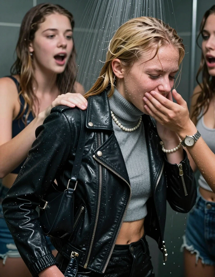 photo of young woman, in soaking wet, drenched clothes,
, , Biker leatherjacket, grey knit turtleneck sweater belly free, shoulderbag, pearl necklace, bracelet, wristwatch, Orgasm Under the shower, strong jet of water, party room, 
enjoying, wet clothes stuck to body,
detailed textures of the wet clothes, wet face, wet plastered hair,
wet, drenched, professional, high-quality details, full body view.
sharp focus, ultra-high pixel detail, realistic, high-quality, full colors, incredibly detailed, 4k, 8k, 16k, hyper-realistic, RAW photo, masterpiece, ultra-detailed, professionally color graded, professional photograph, Blonde Sleek long ponytail with bangs

 15 years old  school girl and her female  friends
Looking down to the side. Moaning. Open mouth, closed eyes. Hands on her back. Her mouth is covered by her friends Hand.

The girls wear different clothes.

she is completely underwater up to her neck, surprised and astonished expression. 

her clothing is soaking wet and clinging tightly to her skin, showing heavy wet folds, darkened fabric texture, and deep water-saturated Patches, her clothes are heavy from the water, water runs from her body and her clothes in streams. A lot of water also runs out of her clothes. Her clothes are darkened by the water. Her submerged clothes are good visible under the water.  she soaked her handbag into the water.

close up view, wet skin, wet clothes, wet hair, damp fabric, water runs down the clothes, wet skin, wet clothes, damp fabric. cinematic medium shot, hyper-realistic wetness, high-contrast water sheen, sharp focus, 16k resolution, professional photography, realistic water physics., wet skin, wet clothes, damp fabric, wet skin, wet clothes, damp fabric, wet skin, wet clothes, damp fabric, wet skin, wet clothes, damp fabric, wet skin, wet clothes, damp fabric, wet skin, wet clothes, damp fabric, wet skin, wet clothes, damp fabric