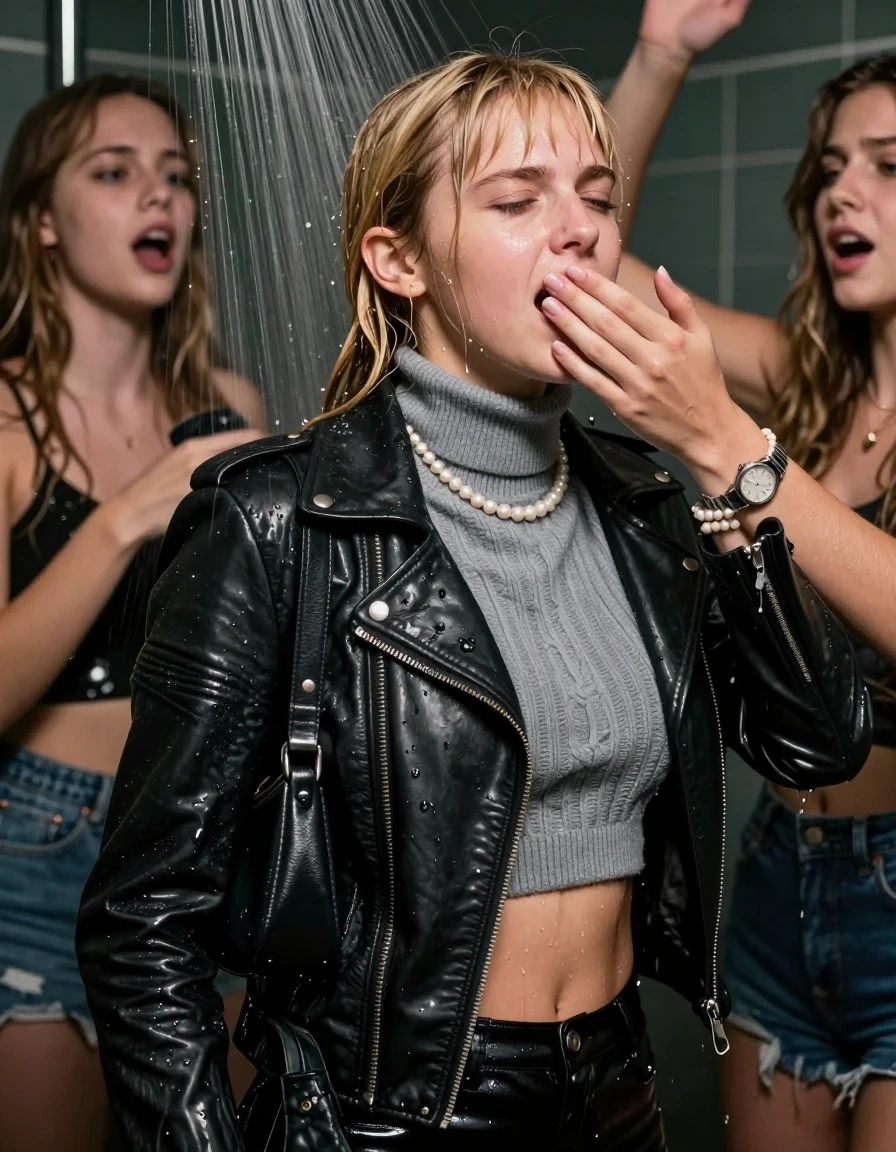 photo of young woman, in soaking wet, drenched clothes,
, , Biker leatherjacket, grey knit turtleneck sweater belly free, shoulderbag, pearl necklace, bracelet, wristwatch, Orgasm Under the shower, strong jet of water, party room, 
enjoying, wet clothes stuck to body,
detailed textures of the wet clothes, wet face, wet plastered hair,
wet, drenched, professional, high-quality details, full body view.
sharp focus, ultra-high pixel detail, realistic, high-quality, full colors, incredibly detailed, 4k, 8k, 16k, hyper-realistic, RAW photo, masterpiece, ultra-detailed, professionally color graded, professional photograph, Blonde Sleek long ponytail with bangs

 15 years old  school girl and her female  friends
Looking up to the side. Moaning. Open mouth, closed eyes. Hands on her back. Her mouth is covered by her friends Hand.

The girls wear different clothes.

she is completely underwater up to her neck, surprised and astonished expression. 

her clothing is soaking wet and clinging tightly to her skin, showing heavy wet folds, darkened fabric texture, and deep water-saturated Patches, her clothes are heavy from the water, water runs from her body and her clothes in streams. A lot of water also runs out of her clothes. Her clothes are darkened by the water. Her submerged clothes are good visible under the water.  she soaked her handbag into the water.

close up view, wet skin, wet clothes, wet hair, damp fabric, water runs down the clothes, wet skin, wet clothes, damp fabric. cinematic medium shot, hyper-realistic wetness, high-contrast water sheen, sharp focus, 16k resolution, professional photography, realistic water physics., wet skin, wet clothes, damp fabric, wet skin, wet clothes, damp fabric, wet skin, wet clothes, damp fabric, wet skin, wet clothes, damp fabric, wet skin, wet clothes, damp fabric, wet skin, wet clothes, damp fabric, wet skin, wet clothes, damp fabric