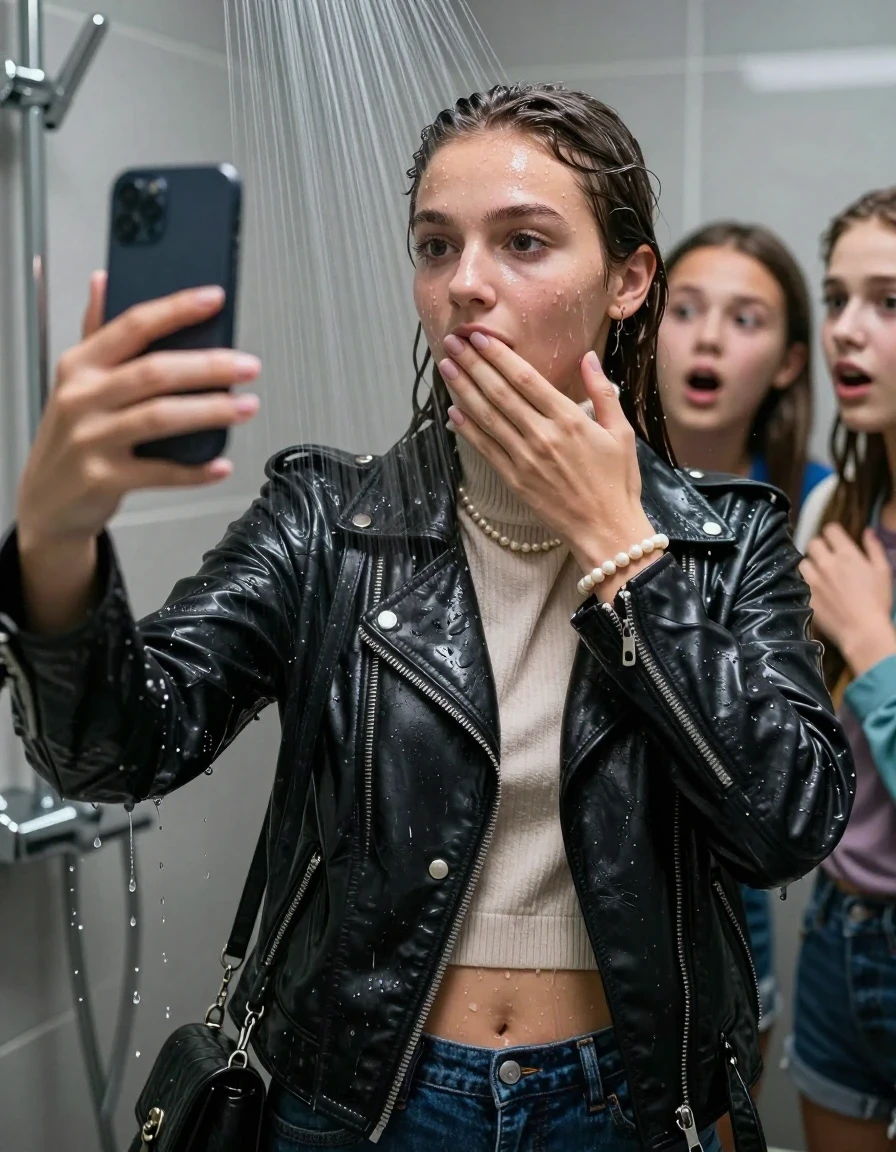 photo of young woman, in soaking wet, drenched clothes,
, , Biker leatherjacket, knit turtleneck sweater belly free, handbag, pearl necklace, bracelet, wristwatch, Under the shower, strong jet of water, in modern bathroom, 
enjoying, wet clothes stuck to body,
detailed textures of the wet clothes, wet face, wet plastered hair,
wet, drenched, professional, high-quality details, full body view.
sharp focus, ultra-high pixel detail, realistic, high-quality, full colors, incredibly detailed, 4k, 8k, 16k, hyper-realistic, RAW photo, masterpiece, ultra-detailed, professionally color graded, professional photograph, 15 years old  school girl and her friends. Completely soaked to the Skin.

Only head and shoulders are over the surface visible. One Hand over her mouth. Take a Selfie with her Smartphone.

The girls wear different clothes.

she is completely underwater up to her neck, surprised and astonished expression. 

her clothing is soaking wet and clinging tightly to her skin, showing heavy wet folds, darkened fabric texture, and deep water-saturated Patches, her clothes are heavy from the water, water runs from her body and her clothes in streams. A lot of water also runs out of her clothes. Her clothes are darkened by the water. Her submerged clothes are good visible under the water.  she soaked her handbag into the water.

close up view, wet skin, wet clothes, wet hair, damp fabric, water runs down the clothes, wet skin, wet clothes, damp fabric. cinematic medium shot, hyper-realistic wetness, high-contrast water sheen, sharp focus, 16k resolution, professional photography, realistic water physics., wet skin, wet clothes, damp fabric, wet skin, wet clothes, damp fabric, wet skin, wet clothes, damp fabric, wet skin, wet clothes, damp fabric, wet skin, wet clothes, damp fabric, wet skin, wet clothes, damp fabric, wet skin, wet clothes, damp fabric, wet skin, wet clothes, damp fabric, wet skin, wet clothes, damp fabric