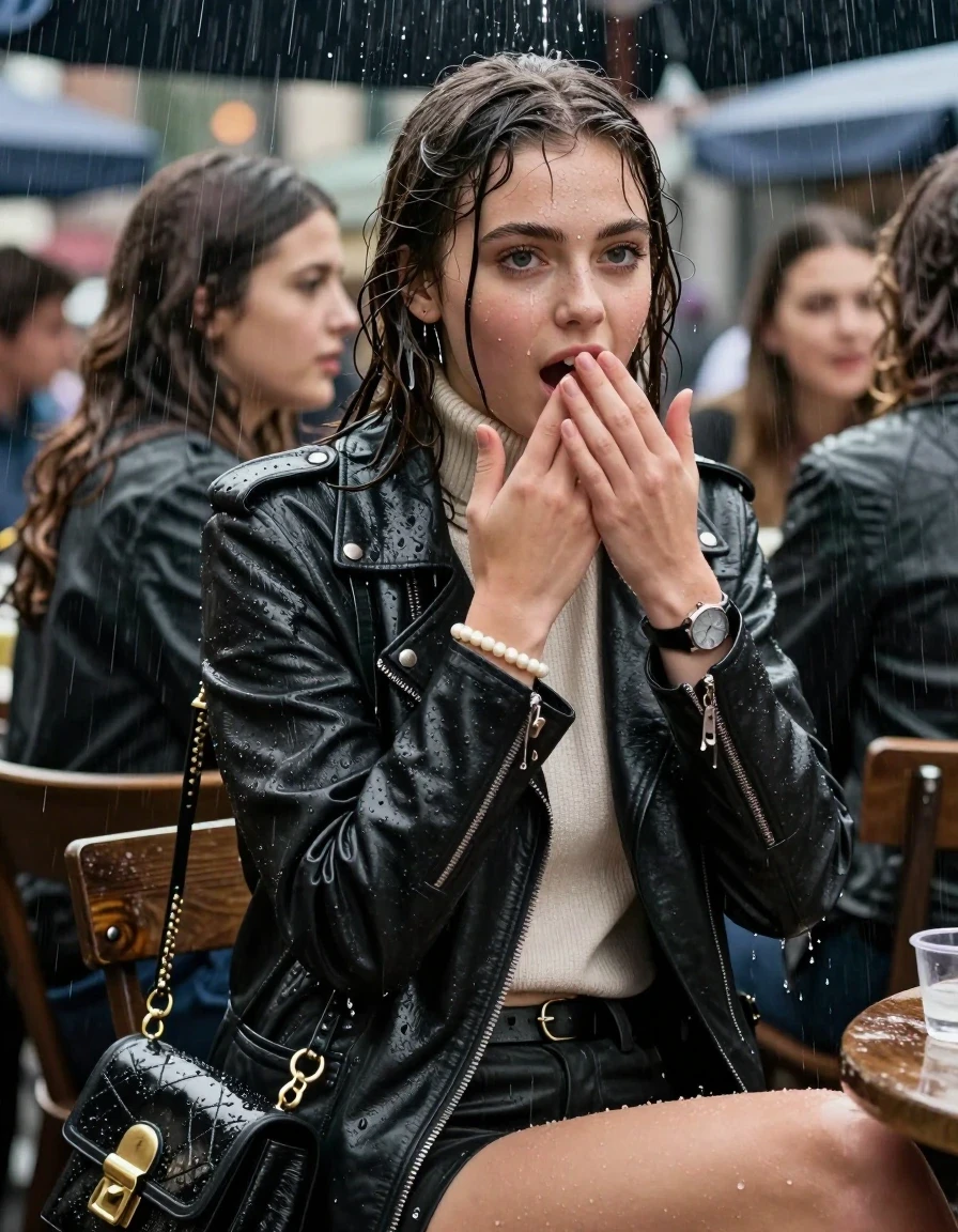 photo of young woman, in soaking wet, drenched clothes,
, , Biker leatherjacket, knit turtleneck sweater belly free, handbag, pearl necklace, bracelet, wristwatch, Sitting Under heavy Rain at german outdoor Restaurant , strong jet of water, 
enjoying, wet clothes stuck to body,
detailed textures of the wet clothes, wet face, wet plastered hair,
wet, drenched, professional, high-quality details, full body view.
sharp focus, ultra-high pixel detail, realistic, high-quality, full colors, incredibly detailed, 4k, 8k, 16k, hyper-realistic, RAW photo, masterpiece, ultra-detailed, professionally color graded, professional photograph, 15 years old teenage girl and her friends. Completely soaked to the Skin.

Open mouth, hands on her mouth, looking at Camera . 

The girls wear different clothes.

She enjoy her wer clothes, horny and astonished expression. 

her clothing is soaking wet and clinging tightly to her skin, showing heavy wet folds, darkened fabric texture, and deep water-saturated Patches, her clothes are heavy from the water, water runs from her body and her clothes in streams. A lot of water also runs out of her clothes. Her clothes are darkened by the water. Her submerged clothes are good visible under the water.  she soaked her handbag into the water.

close up view, wet skin, wet clothes, wet hair, damp fabric, water runs down the clothes, wet skin, wet clothes, damp fabric. cinematic medium shot, hyper-realistic wetness, high-contrast water sheen, sharp focus, 16k resolution, professional photography, realistic water physics., wet skin, wet clothes, damp fabric, wet skin, wet clothes, damp fabric, wet skin, wet clothes, damp fabric, wet skin, wet clothes, damp fabric, wet skin, wet clothes, damp fabric, wet skin, wet clothes, damp fabric, wet skin, wet clothes, damp fabric, wet skin, wet clothes, damp fabric, wet skin, wet clothes, damp fabric, wet skin, wet clothes, damp fabric