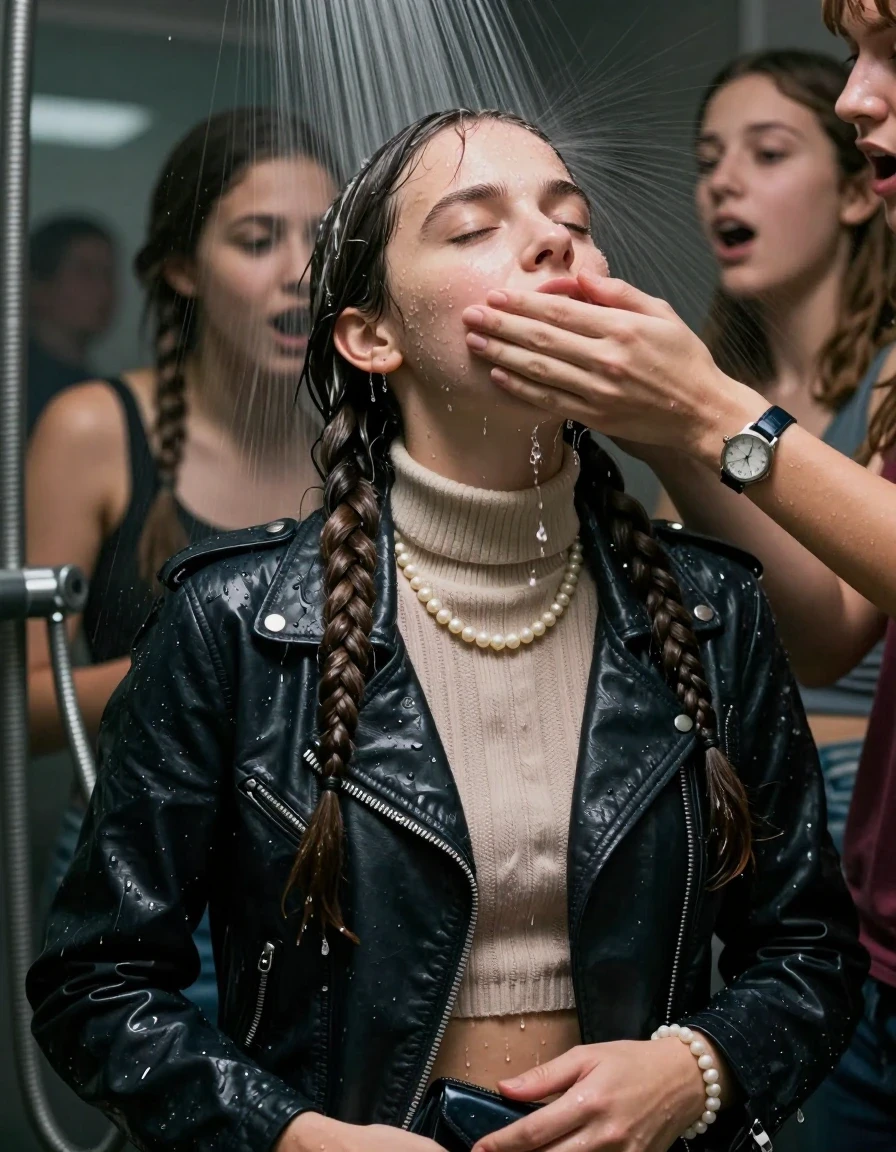 photo of young woman, in soaking wet, drenched clothes,
, , Biker leatherjacket, knit turtleneck sweater belly free, handbag, pearl necklace, bracelet, wristwatch, Orgasm Under the shower, strong jet of water, party room, 
enjoying, wet clothes stuck to body,
detailed textures of the wet clothes, wet face, wet plastered hair,
wet, drenched, professional, high-quality details, full body view.
sharp focus, ultra-high pixel detail, realistic, high-quality, full colors, incredibly detailed, 4k, 8k, 16k, hyper-realistic, RAW photo, masterpiece, ultra-detailed, professionally color graded, professional photograph, Two long braids 

 15 years old  school girl and her friends

Only head and shoulders are over the surface visible. Looking up. Open mouth, closed eyes. Her mouth is covered by her friends Hand.

The girls wear different clothes.

she is completely underwater up to her neck, surprised and astonished expression. 

her clothing is soaking wet and clinging tightly to her skin, showing heavy wet folds, darkened fabric texture, and deep water-saturated Patches, her clothes are heavy from the water, water runs from her body and her clothes in streams. A lot of water also runs out of her clothes. Her clothes are darkened by the water. Her submerged clothes are good visible under the water.  she soaked her handbag into the water.

close up view, wet skin, wet clothes, wet hair, damp fabric, water runs down the clothes, wet skin, wet clothes, damp fabric. cinematic medium shot, hyper-realistic wetness, high-contrast water sheen, sharp focus, 16k resolution, professional photography, realistic water physics., wet skin, wet clothes, damp fabric, wet skin, wet clothes, damp fabric, wet skin, wet clothes, damp fabric, wet skin, wet clothes, damp fabric, wet skin, wet clothes, damp fabric, wet skin, wet clothes, damp fabric