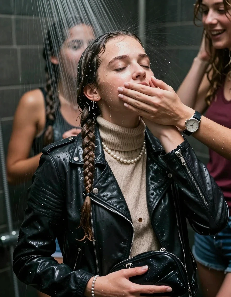 photo of young woman, in soaking wet, drenched clothes,
, , Biker leatherjacket, knit turtleneck sweater belly free, handbag, pearl necklace, bracelet, wristwatch, Under the shower, strong jet of water, party room, 
enjoying, wet clothes stuck to body,
detailed textures of the wet clothes, wet face, wet plastered hair,
wet, drenched, professional, high-quality details, full body view.
sharp focus, ultra-high pixel detail, realistic, high-quality, full colors, incredibly detailed, 4k, 8k, 16k, hyper-realistic, RAW photo, masterpiece, ultra-detailed, professionally color graded, professional photograph, Two long braids 

 15 years old  school girl and her friends

Only head and shoulders are over the surface visible. Looking up. Open mouth, closed eyes. Her mouth is covered by her friends Hand.

The girls wear different clothes.

she is completely underwater up to her neck, surprised and astonished expression. 

her clothing is soaking wet and clinging tightly to her skin, showing heavy wet folds, darkened fabric texture, and deep water-saturated Patches, her clothes are heavy from the water, water runs from her body and her clothes in streams. A lot of water also runs out of her clothes. Her clothes are darkened by the water. Her submerged clothes are good visible under the water.  she soaked her handbag into the water.

close up view, wet skin, wet clothes, wet hair, damp fabric, water runs down the clothes, wet skin, wet clothes, damp fabric. cinematic medium shot, hyper-realistic wetness, high-contrast water sheen, sharp focus, 16k resolution, professional photography, realistic water physics., wet skin, wet clothes, damp fabric, wet skin, wet clothes, damp fabric, wet skin, wet clothes, damp fabric, wet skin, wet clothes, damp fabric, wet skin, wet clothes, damp fabric, wet skin, wet clothes, damp fabric