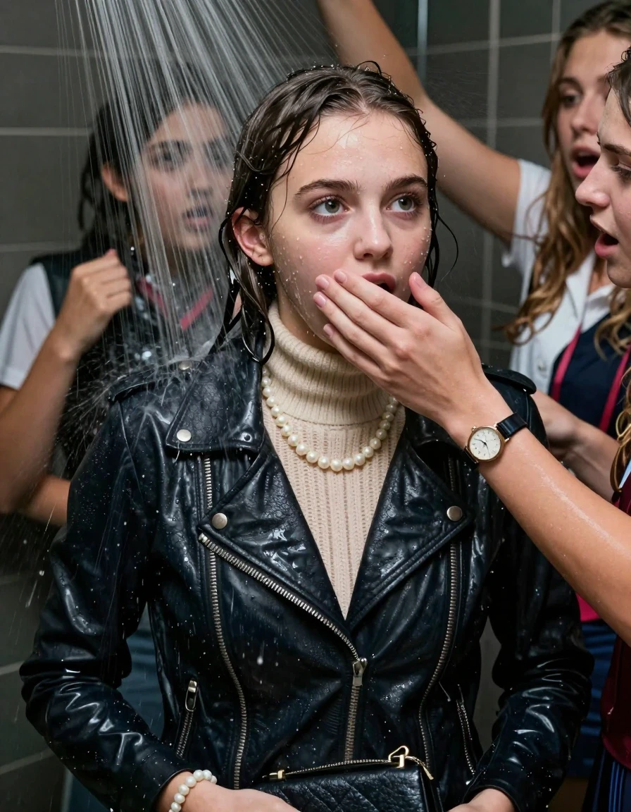 photo of young woman, in soaking wet, drenched clothes,
, , Biker leatherjacket, knit turtleneck sweater belly free, handbag, pearl necklace, bracelet, wristwatch, Under the shower, strong jet of water, party room, 
enjoying, wet clothes stuck to body,
detailed textures of the wet clothes, wet face, wet plastered hair,
wet, drenched, professional, high-quality details, full body view.
sharp focus, ultra-high pixel detail, realistic, high-quality, full colors, incredibly detailed, 4k, 8k, 16k, hyper-realistic, RAW photo, masterpiece, ultra-detailed, professionally color graded, professional photograph, Sleek Collarbone bob

 15 years old  school girl and her friends

Only head and shoulders are over the surface visible. Open mouth, big eyes. Her mouth is covered by her friends Hand.

The girls wear different clothes.

she is completely underwater up to her neck, surprised and astonished expression. 

her clothing is soaking wet and clinging tightly to her skin, showing heavy wet folds, darkened fabric texture, and deep water-saturated Patches, her clothes are heavy from the water, water runs from her body and her clothes in streams. A lot of water also runs out of her clothes. Her clothes are darkened by the water. Her submerged clothes are good visible under the water.  she soaked her handbag into the water.

close up view, wet skin, wet clothes, wet hair, damp fabric, water runs down the clothes, wet skin, wet clothes, damp fabric. cinematic medium shot, hyper-realistic wetness, high-contrast water sheen, sharp focus, 16k resolution, professional photography, realistic water physics., wet skin, wet clothes, damp fabric, wet skin, wet clothes, damp fabric, wet skin, wet clothes, damp fabric, wet skin, wet clothes, damp fabric, wet skin, wet clothes, damp fabric, wet skin, wet clothes, damp fabric