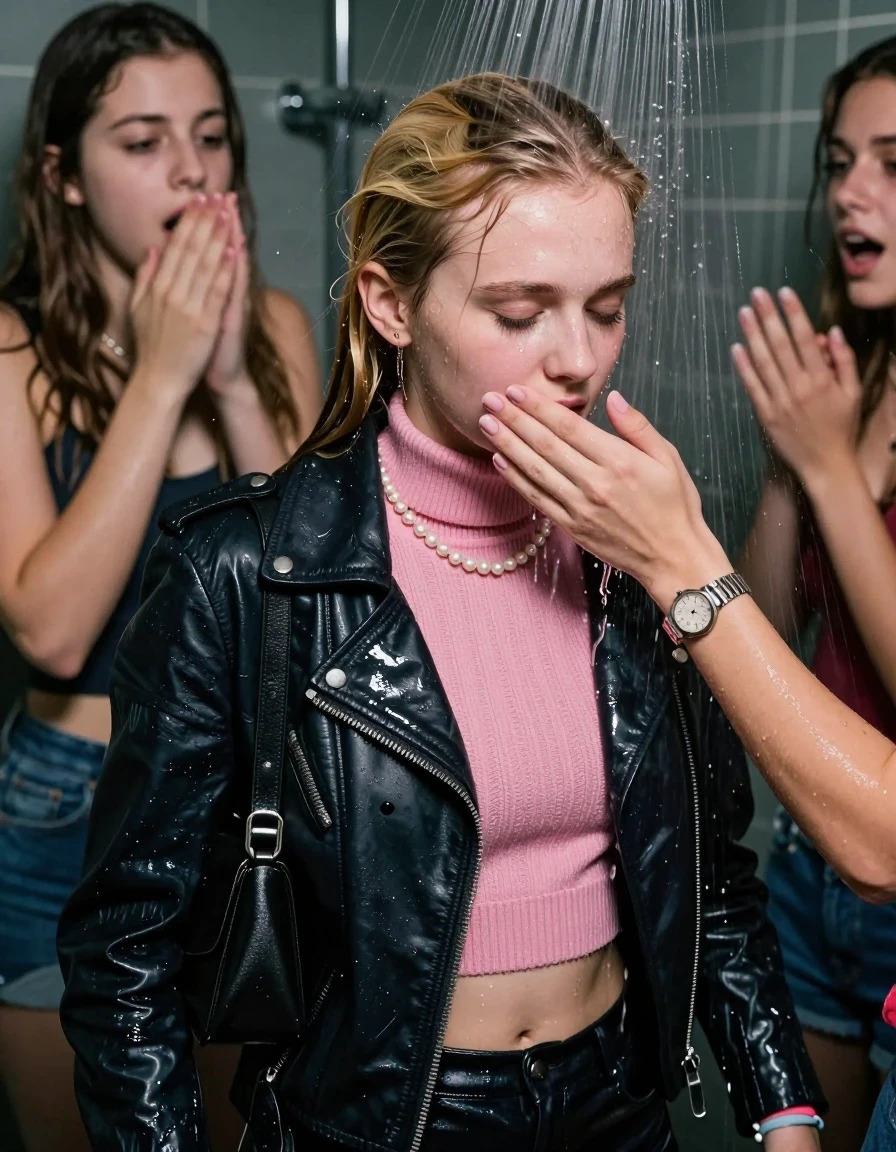 photo of young woman, in soaking wet, drenched clothes,
, , Biker leatherjacket, pink knit turtleneck sweater belly free, shoulderbag, pearl necklace, bracelet, wristwatch, Orgasm Under the shower, strong jet of water, party room, 
enjoying, wet clothes stuck to body,
detailed textures of the wet clothes, wet face, wet plastered hair,
wet, drenched, professional, high-quality details, full body view.
sharp focus, ultra-high pixel detail, realistic, high-quality, full colors, incredibly detailed, 4k, 8k, 16k, hyper-realistic, RAW photo, masterpiece, ultra-detailed, professionally color graded, professional photograph, Blonde Sleek long ponytail with bangs

 15 years old  school girl and her female  friends
Looking down slightly away. Moaning. Open mouth, closed eyes. Her mouth is covered by her friends Hand.

The girls wear different clothes.

she is completely underwater up to her neck, surprised and astonished expression. 

her clothing is soaking wet and clinging tightly to her skin, showing heavy wet folds, darkened fabric texture, and deep water-saturated Patches, her clothes are heavy from the water, water runs from her body and her clothes in streams. A lot of water also runs out of her clothes. Her clothes are darkened by the water. Her submerged clothes are good visible under the water.  she soaked her handbag into the water.

close up view, wet skin, wet clothes, wet hair, damp fabric, water runs down the clothes, wet skin, wet clothes, damp fabric. cinematic medium shot, hyper-realistic wetness, high-contrast water sheen, sharp focus, 16k resolution, professional photography, realistic water physics., wet skin, wet clothes, damp fabric, wet skin, wet clothes, damp fabric, wet skin, wet clothes, damp fabric, wet skin, wet clothes, damp fabric, wet skin, wet clothes, damp fabric, wet skin, wet clothes, damp fabric, wet skin, wet clothes, damp fabric