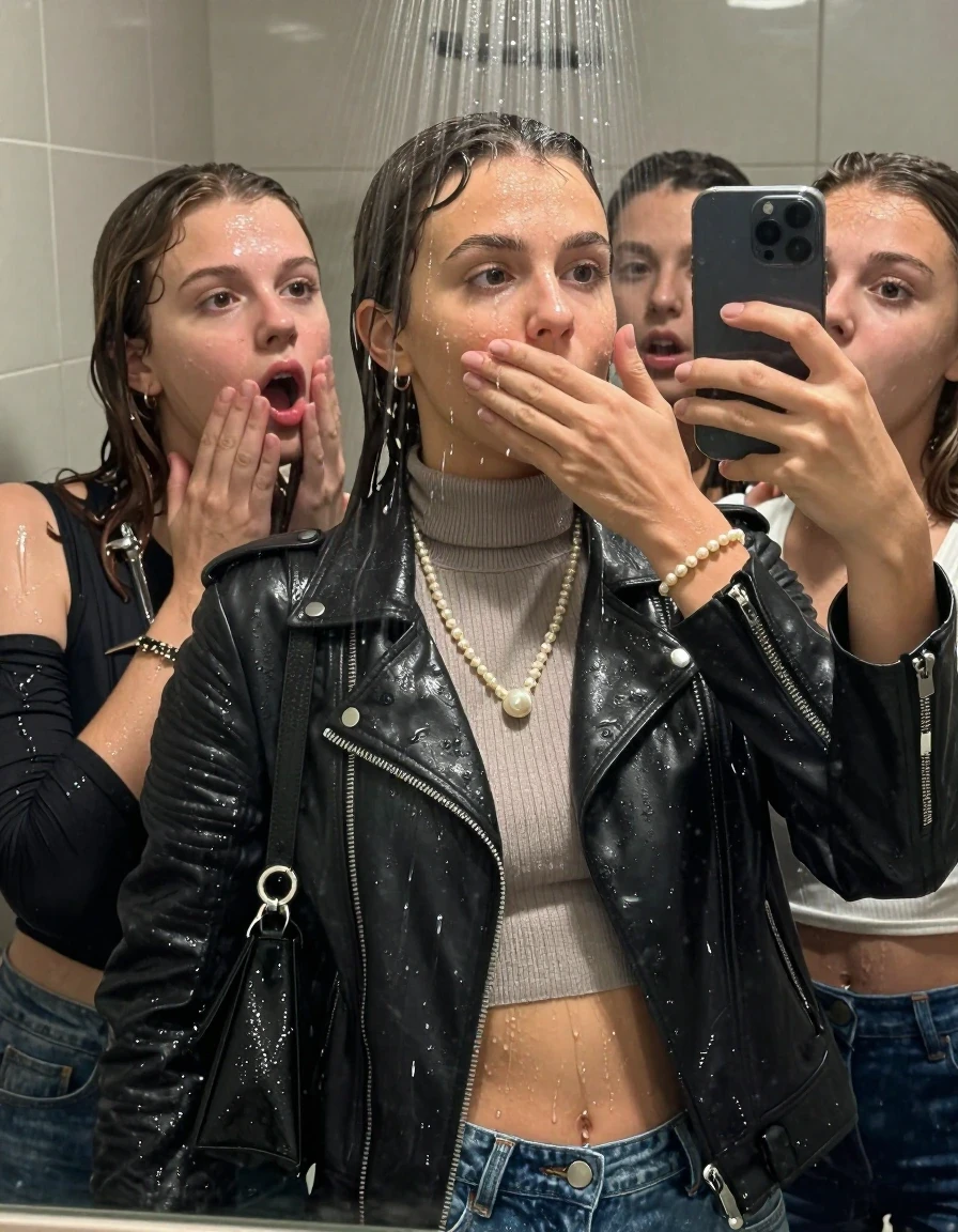 photo of young woman, in soaking wet, drenched clothes,
, , Biker leatherjacket, knit turtleneck sweater belly free, handbag, pearl necklace, bracelet, wristwatch, Under the shower, strong jet of water, in modern bathroom, 
enjoying, wet clothes stuck to body,
detailed textures of the wet clothes, wet face, wet plastered hair,
wet, drenched, professional, high-quality details, full body view.
sharp focus, ultra-high pixel detail, realistic, high-quality, full colors, incredibly detailed, 4k, 8k, 16k, hyper-realistic, RAW photo, masterpiece, ultra-detailed, professionally color graded, professional photograph, 15 years old  school girl and her friends. Completely soaked to the Skin.

Only head and shoulders are over the surface visible. One Hand Covers her friends mouth. Take a Selfie with her Smartphone.

The girls wear different clothes.

she is completely underwater up to her neck, surprised and astonished expression. 

her clothing is soaking wet and clinging tightly to her skin, showing heavy wet folds, darkened fabric texture, and deep water-saturated Patches, her clothes are heavy from the water, water runs from her body and her clothes in streams. A lot of water also runs out of her clothes. Her clothes are darkened by the water. Her submerged clothes are good visible under the water.  she soaked her handbag into the water.

close up view, wet skin, wet clothes, wet hair, damp fabric, water runs down the clothes, wet skin, wet clothes, damp fabric. cinematic medium shot, hyper-realistic wetness, high-contrast water sheen, sharp focus, 16k resolution, professional photography, realistic water physics., wet skin, wet clothes, damp fabric, wet skin, wet clothes, damp fabric, wet skin, wet clothes, damp fabric, wet skin, wet clothes, damp fabric, wet skin, wet clothes, damp fabric, wet skin, wet clothes, damp fabric, wet skin, wet clothes, damp fabric, wet skin, wet clothes, damp fabric