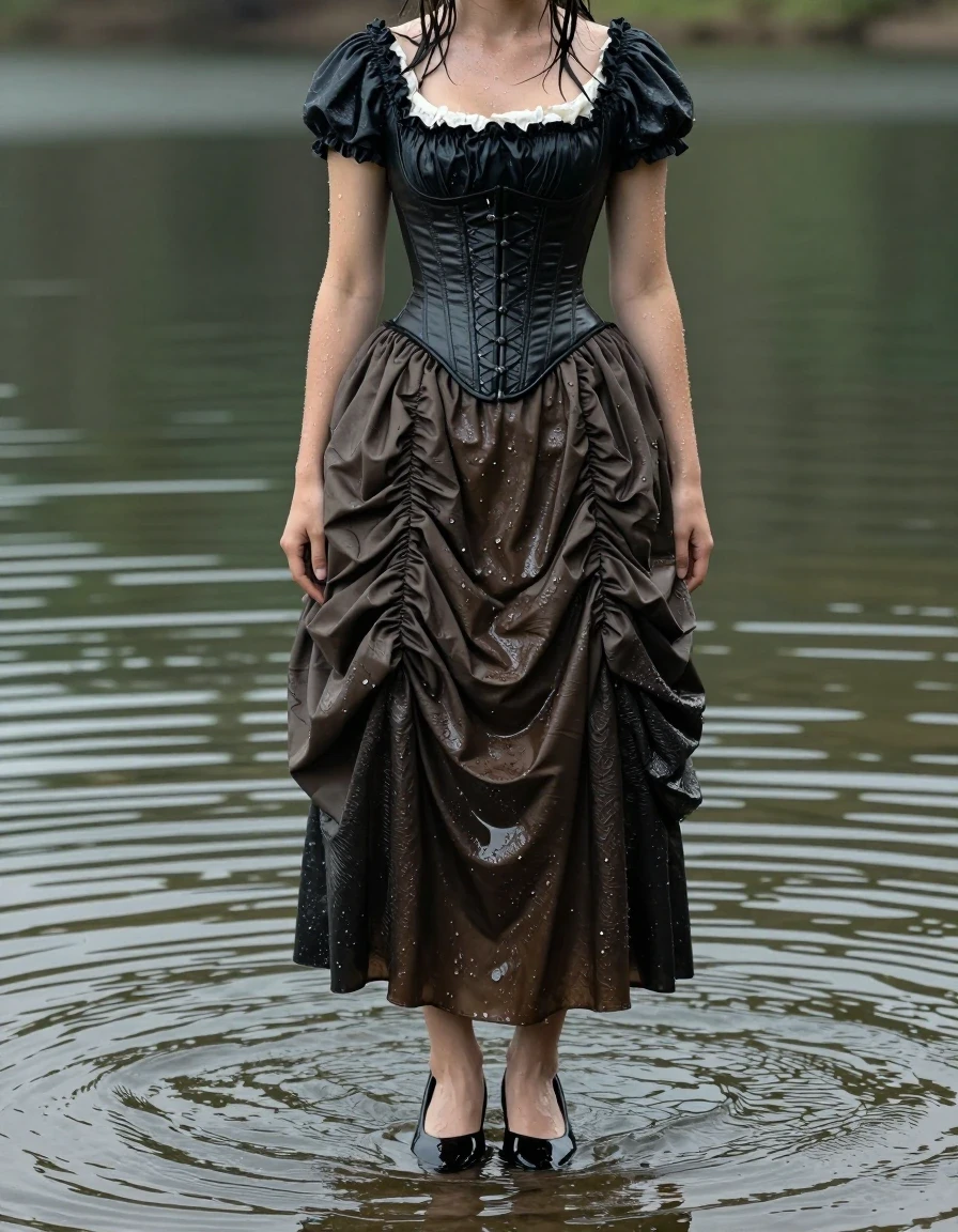 A photorealistic full-body shot of a young adult European woman standing ankle-deep in the shallow, rippling water of a serene lake. She is wearing an ornate, Victorian-style skirt that is heavily soaked and drenched, with the fabric clinging to her legs, showing deep, dark color saturation, heavy wet folds, and water-logged texture. Over this, she wears a structured corset that is wet and glistening, with moisture darkening the fabric and highlighting the texture of the material. On her feet, she wears sleek black heels that are coated in a wet sheen, reflecting the lake water. Her hair is damp and plastered to her skin, with droplets visible on her shoulders and arms. The lighting is soft, natural daylight reflecting off the water's surface, creating high-contrast specular highlights on the wet surfaces of her clothing and skin. The atmosphere is melancholic and realistic, with a focus on the tactile, heavy appearance of wet Victorian-era textiles.