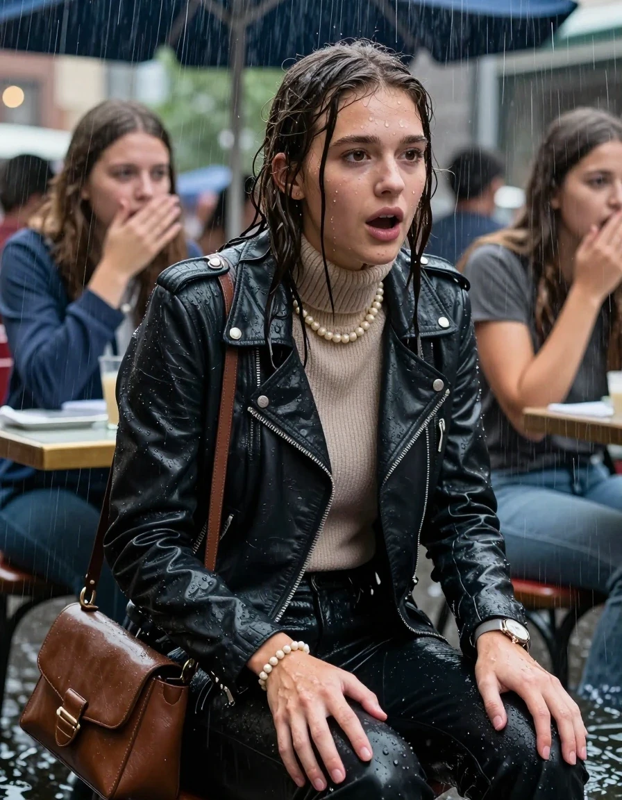photo of young woman, in soaking wet, drenched clothes,
, , Biker leatherjacket, knit turtleneck sweater belly free, handbag, pearl necklace, bracelet, wristwatch, Sitting Under a flood of water from the canopy of an outdoor restaurant during extremely heavy rain, 
enjoying, wet clothes stuck to body,
detailed textures of the wet clothes, wet face, wet plastered hair,
wet, drenched, professional, high-quality details, full body view.
sharp focus, ultra-high pixel detail, realistic, high-quality, full colors, incredibly detailed, 4k, 8k, 16k, hyper-realistic, RAW photo, masterpiece, ultra-detailed, professionally color graded, professional photograph, 15 years old  school girl and her friends. Completely soaked to the Skin.

Open mouth, hands down, looking slightly away. One Hand Covers her friends mouth. 

The girls wear different clothes.

she is completely underwater up to her neck, surprised and astonished expression. 

her clothing is soaking wet and clinging tightly to her skin, showing heavy wet folds, darkened fabric texture, and deep water-saturated Patches, her clothes are heavy from the water, water runs from her body and her clothes in streams. A lot of water also runs out of her clothes. Her clothes are darkened by the water. Her submerged clothes are good visible under the water.  she soaked her handbag into the water.

close up view, wet skin, wet clothes, wet hair, damp fabric, water runs down the clothes, wet skin, wet clothes, damp fabric. cinematic medium shot, hyper-realistic wetness, high-contrast water sheen, sharp focus, 16k resolution, professional photography, realistic water physics., wet skin, wet clothes, damp fabric, wet skin, wet clothes, damp fabric, wet skin, wet clothes, damp fabric, wet skin, wet clothes, damp fabric, wet skin, wet clothes, damp fabric, wet skin, wet clothes, damp fabric, wet skin, wet clothes, damp fabric, wet skin, wet clothes, damp fabric, wet skin, wet clothes, damp fabric