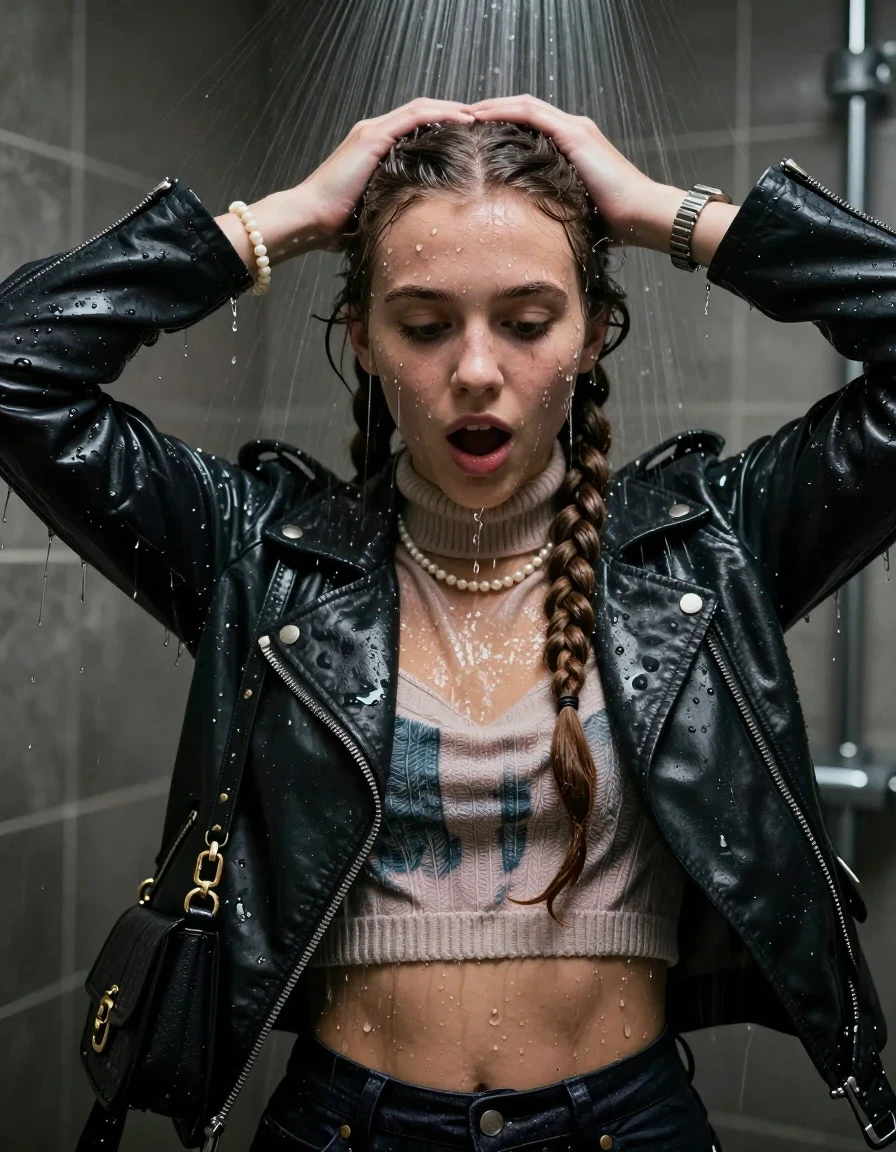 photo of young woman, in soaking wet, drenched clothes,
, , Biker leatherjacket, knit turtleneck sweater belly free, handbag, pearl necklace, bracelet, wristwatch, Under the shower, strong jet of water, party room, 
enjoying, wet clothes stuck to body,
detailed textures of the wet clothes, wet face, wet plastered hair,
wet, drenched, professional, high-quality details, full body view.
sharp focus, ultra-high pixel detail, realistic, high-quality, full colors, incredibly detailed, 4k, 8k, 16k, hyper-realistic, RAW photo, masterpiece, ultra-detailed, professionally color graded, professional photograph, Two long braids 

 15 years old  school girl

Only head and shoulders are over the surface visible. Open mouth, big eyes. Looking down. Hold her hands ober her head.

The girls wear different clothes.

she is completely underwater up to her neck, surprised and astonished expression. 

her clothing is soaking wet and clinging tightly to her skin, showing heavy wet folds, darkened fabric texture, and deep water-saturated Patches, her clothes are heavy from the water, water runs from her body and her clothes in streams. A lot of water also runs out of her clothes. Her clothes are darkened by the water. Her submerged clothes are good visible under the water.  she soaked her handbag into the water.

close up view, wet skin, wet clothes, wet hair, damp fabric, water runs down the clothes, wet skin, wet clothes, damp fabric. cinematic medium shot, hyper-realistic wetness, high-contrast water sheen, sharp focus, 16k resolution, professional photography, realistic water physics., wet skin, wet clothes, damp fabric, wet skin, wet clothes, damp fabric, wet skin, wet clothes, damp fabric, wet skin, wet clothes, damp fabric, wet skin, wet clothes, damp fabric