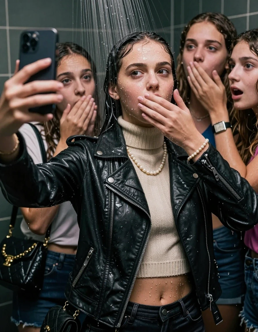 photo of young woman, in soaking wet, drenched clothes,
, , Biker leatherjacket, knit turtleneck sweater belly free, handbag, pearl necklace, bracelet, wristwatch, Under the shower, strong jet of water, party room, 
enjoying, wet clothes stuck to body,
detailed textures of the wet clothes, wet face, wet plastered hair,
wet, drenched, professional, high-quality details, full body view.
sharp focus, ultra-high pixel detail, realistic, high-quality, full colors, incredibly detailed, 4k, 8k, 16k, hyper-realistic, RAW photo, masterpiece, ultra-detailed, professionally color graded, professional photograph, 15 years old  school girl and her friends. Completely soaked to the Skin.

Only head and shoulders are over the surface visible. One Hand Covers her friends mouth. Take a Selfie with her Smartphone.

The girls wear different clothes.

she is completely underwater up to her neck, surprised and astonished expression. 

her clothing is soaking wet and clinging tightly to her skin, showing heavy wet folds, darkened fabric texture, and deep water-saturated Patches, her clothes are heavy from the water, water runs from her body and her clothes in streams. A lot of water also runs out of her clothes. Her clothes are darkened by the water. Her submerged clothes are good visible under the water.  she soaked her handbag into the water.

close up view, wet skin, wet clothes, wet hair, damp fabric, water runs down the clothes, wet skin, wet clothes, damp fabric. cinematic medium shot, hyper-realistic wetness, high-contrast water sheen, sharp focus, 16k resolution, professional photography, realistic water physics., wet skin, wet clothes, damp fabric, wet skin, wet clothes, damp fabric, wet skin, wet clothes, damp fabric, wet skin, wet clothes, damp fabric, wet skin, wet clothes, damp fabric, wet skin, wet clothes, damp fabric, wet skin, wet clothes, damp fabric