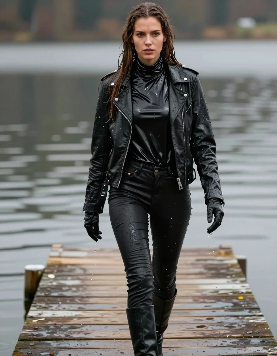 A photorealistic full-body shot of a young adult European woman with long dripping wet brown hair, walking on a wooden pier at a lake. She is drenched, with water cascading down her skin and saturated clothing. She is wearing an oversize black vinyl turtleneck shirt with a high-gloss reflective sheen, layered under a rugged black biker leather jacket, paired with black leather jeans that show heavy wet textures and deep creases. She wears black leather gloves on both hands and black leather knee-high boots. The clothing is visibly soaked, clinging to her frame with heavy wet folds and dark, water-absorbed patches. The lighting is natural daylight reflecting off the wet surfaces of her skin and garments. High-contrast environment with a moody lake backdrop, sharp focus on the wet fabric textures, water sheen, and realistic damp skin. No nudity, clean anatomy, professional photography, 8k resolution, cinematic lighting, highly detailed wet textures.