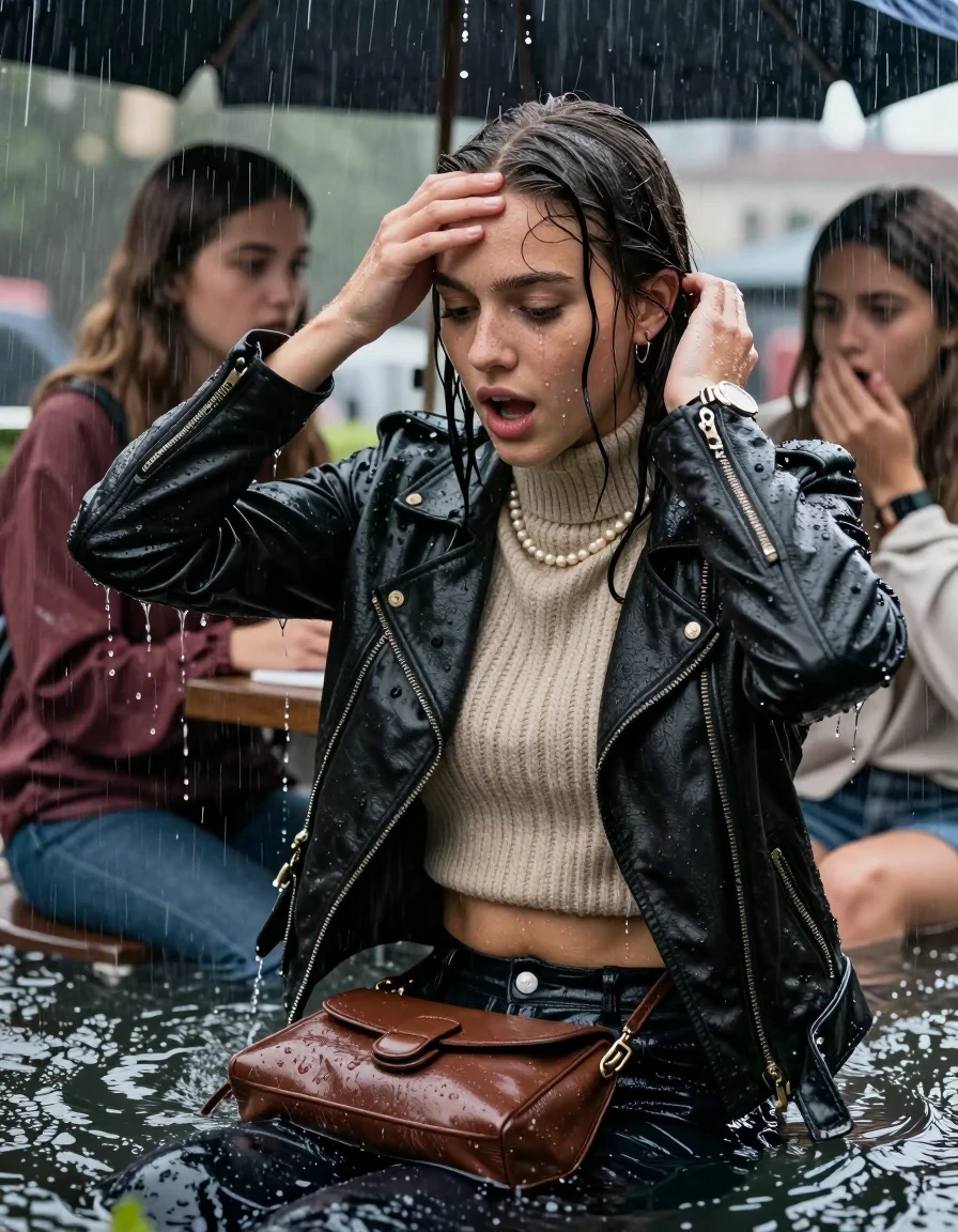 photo of young woman, in soaking wet, drenched clothes,
, , Biker leatherjacket, knit turtleneck sweater belly free, handbag, pearl necklace, bracelet, wristwatch, Sitting Under a flood of water from the canopy of an outdoor restaurant during extremely heavy rain, 
enjoying, wet clothes stuck to body,
detailed textures of the wet clothes, wet face, wet plastered hair,
wet, drenched, professional, high-quality details, full body view.
sharp focus, ultra-high pixel detail, realistic, high-quality, full colors, incredibly detailed, 4k, 8k, 16k, hyper-realistic, RAW photo, masterpiece, ultra-detailed, professionally color graded, professional photograph, 15 years old  school girl and her friends. Completely soaked to the Skin.

Open mouth, hands on her forehead, looking down. One Hand Covers her friends mouth. 

The girls wear different clothes.

she is completely underwater up to her neck, surprised and astonished expression. 

her clothing is soaking wet and clinging tightly to her skin, showing heavy wet folds, darkened fabric texture, and deep water-saturated Patches, her clothes are heavy from the water, water runs from her body and her clothes in streams. A lot of water also runs out of her clothes. Her clothes are darkened by the water. Her submerged clothes are good visible under the water.  she soaked her handbag into the water.

close up view, wet skin, wet clothes, wet hair, damp fabric, water runs down the clothes, wet skin, wet clothes, damp fabric. cinematic medium shot, hyper-realistic wetness, high-contrast water sheen, sharp focus, 16k resolution, professional photography, realistic water physics., wet skin, wet clothes, damp fabric, wet skin, wet clothes, damp fabric, wet skin, wet clothes, damp fabric, wet skin, wet clothes, damp fabric, wet skin, wet clothes, damp fabric, wet skin, wet clothes, damp fabric, wet skin, wet clothes, damp fabric, wet skin, wet clothes, damp fabric