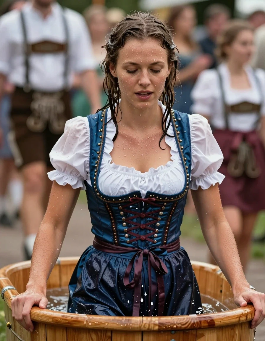 photo of young woman, in soaking wet, drenched clothes,
nothing, nothing, dirndl with white blouse, wooden bath tube, background oktoberfest, 
enjoying, wet clothes stuck to body,
detailed textures of the wet clothes, wet face, wet plastered hair,
wet, drenched, professional, high-quality details, full body view.
sharp focus, ultra-high pixel detail, realistic, high-quality, full colors, incredibly detailed, 4k, 8k, 16k, hyper-realistic, RAW photo, masterpiece, ultra-detailed, professionally color graded, professional photograph, Frau steigt aus der bath tube. das dirndl ist komplett nass. die Weise bluse klebt am Körper., wet skin, wet clothes, damp fabric