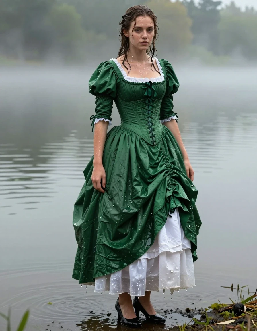 A stunning full-body portrait of a young adult European woman standing at the edge of a serene, misty lake. She is wearing a structured, tightly laced corset paired with a voluminous, floor-length green Victorian skirt layered over a crisp white underskirt. The entire ensemble is completely drenched, with the green fabric appearing in deep, saturated emerald tones and the white underskirt becoming translucent and heavy with absorbed water. Her hair is plastered to her skin in wet strands, and her skin displays a realistic, glistening wet sheen. She wears sharp black high-heeled shoes that are partially submerged in the shallow lake water. The wet fabric clings to her form, showcasing heavy, water-laden folds and textures. The scene is captured with cinematic, natural daylight reflecting off the water's surface, highlighting the saturated colors and the clinging, sodden materials. Photorealistic, 8k, highly detailed, sharp focus, atmospheric, wet-on-wet textures.