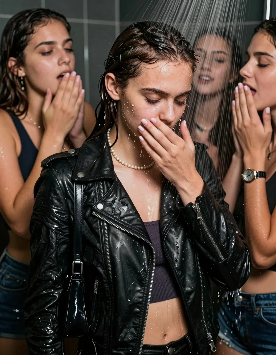 photo of young woman, in soaking wet, drenched clothes,
, , Biker leatherjacket, sweater belly free, shoulderbag, pearl necklace, bracelet, wristwatch, Orgasm Under the shower, strong jet of water, party room, 
enjoying, wet clothes stuck to body,
detailed textures of the wet clothes, wet face, wet plastered hair,
wet, drenched, professional, high-quality details, full body view.
sharp focus, ultra-high pixel detail, realistic, high-quality, full colors, incredibly detailed, 4k, 8k, 16k, hyper-realistic, RAW photo, masterpiece, ultra-detailed, professionally color graded, professional photograph, Sleek long ponytail with bangs

 15 years old  school girl and her female  friends

Only head and shoulders are over the surface visible. Looking down to the side.  closed eyes . Her mouth is covered by her friends Hand. hugs her friend.

The girls wear different clothes. All girls have an orgasm. 

she is completely underwater up to her neck, horny and orgasmic expression. 

her clothing is soaking wet and clinging tightly to her skin, showing heavy wet folds, darkened fabric texture, and deep water-saturated Patches, her clothes are heavy from the water, water runs from her body and her clothes in streams. A lot of water also runs out of her clothes. Her clothes are darkened by the water. Her submerged clothes are good visible under the water.  she soaked her handbag into the water.

close up view, wet skin, wet clothes, wet hair, damp fabric, water runs down the clothes, wet skin, wet clothes, damp fabric. cinematic medium shot, hyper-realistic wetness, high-contrast water sheen, sharp focus, 16k resolution, professional photography, realistic water physics., wet skin, wet clothes, damp fabric, wet skin, wet clothes, damp fabric, wet skin, wet clothes, damp fabric, wet skin, wet clothes, damp fabric, wet skin, wet clothes, damp fabric, wet skin, wet clothes, damp fabric, wet skin, wet clothes, damp fabric, wet skin, wet clothes, damp fabric