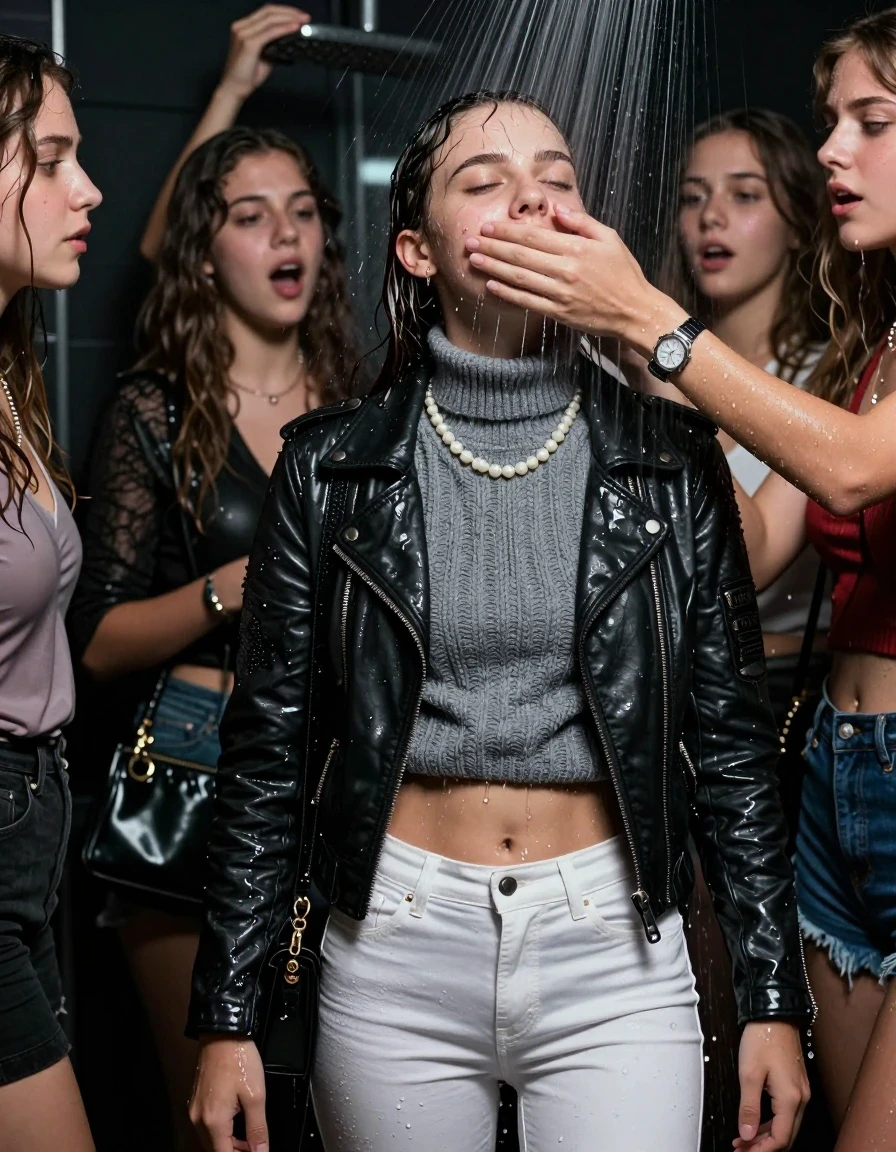 photo of young woman, in soaking wet, drenched clothes,
, White tight skinny jeans, Biker leatherjacket, grey knit turtleneck sweater belly free, handbag, pearl necklace, bracelet, wristwatch, Orgasm Under the shower, strong jet of water, at a Night Club , 
enjoying, wet clothes stuck to body,
detailed textures of the wet clothes, wet face, wet plastered hair,
wet, drenched, professional, high-quality details, full body view.
sharp focus, ultra-high pixel detail, realistic, high-quality, full colors, incredibly detailed, 4k, 8k, 16k, hyper-realistic, RAW photo, masterpiece, ultra-detailed, professionally color graded, professional photograph, Topknot

 15 years old  school girl and her female  friends

Only head and shoulders are over the surface visible. Looking up. Open mouth, closed eyes. Her mouth is covered by her friends Hand.

The girls wear different clothes.

she is completely underwater up to her neck, surprised and astonished expression. 

her clothing is soaking wet and clinging tightly to her skin, showing heavy wet folds, darkened fabric texture, and deep water-saturated Patches, her clothes are heavy from the water, water runs from her body and her clothes in streams. A lot of water also runs out of her clothes. Her clothes are darkened by the water. Her submerged clothes are good visible under the water.  she soaked her handbag into the water.

close up view, wet skin, wet clothes, wet hair, damp fabric, water runs down the clothes, wet skin, wet clothes, damp fabric. cinematic medium shot, hyper-realistic wetness, high-contrast water sheen, sharp focus, 16k resolution, professional photography, realistic water physics., wet skin, wet clothes, damp fabric, wet skin, wet clothes, damp fabric, wet skin, wet clothes, damp fabric, wet skin, wet clothes, damp fabric, wet skin, wet clothes, damp fabric, wet skin, wet clothes, damp fabric