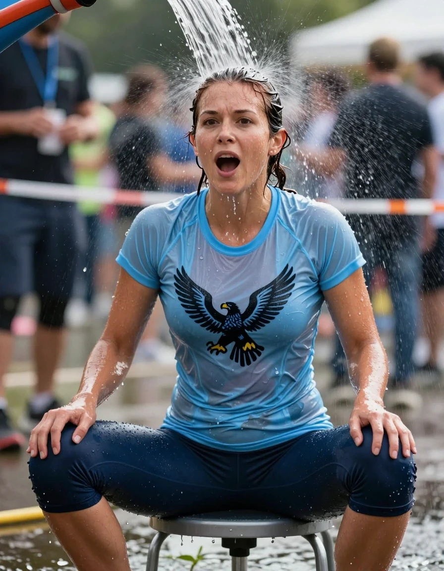 A photorealistic medium shot of a fit woman in her mid-30s with chestnut hair styled in a low messy bun, sitting on a chair directly beneath a bucket-style dunk chair at an outdoor charity event. A heavy, steady stream of water pours from a PVC pipe above, drenching her hair and saturating her low bun, with water cascading over her skin and clothing. She wears a thick, totally opaque, extremely clingy, form-fitting pale blue t-shirt featuring a black screen-printed eagle on the front, paired with capri-length athletic leggings and running shoes. The t-shirt is visibly soaked, clinging to her torso, with darker patches and heavy wet folds. Her expression is one of shocked, joyous surprise as she tilts her head back into the deluge. The scene is captured with sharp focus, highlighting the glossy sheen of water on her skin and the saturated, heavy texture of her clothing. Professional photography, natural daylight, high contrast, cinematic lighting, hyper-detailed textures.