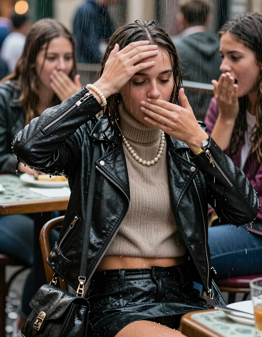 photo of young woman, in soaking wet, drenched clothes,
, , Biker leatherjacket, knit turtleneck sweater belly free, handbag, pearl necklace, bracelet, wristwatch, Sitting Under heavy Rain at german outdoor Restaurant , strong jet of water, 
enjoying, wet clothes stuck to body,
detailed textures of the wet clothes, wet face, wet plastered hair,
wet, drenched, professional, high-quality details, full body view.
sharp focus, ultra-high pixel detail, realistic, high-quality, full colors, incredibly detailed, 4k, 8k, 16k, hyper-realistic, RAW photo, masterpiece, ultra-detailed, professionally color graded, professional photograph, 15 years old  school girl and her friends. Completely soaked to the Skin.

Open mouth, hands on her forehead, looking down. One Hand Covers her friends mouth. 

The girls wear different clothes.

she is completely underwater up to her neck, surprised and astonished expression. 

her clothing is soaking wet and clinging tightly to her skin, showing heavy wet folds, darkened fabric texture, and deep water-saturated Patches, her clothes are heavy from the water, water runs from her body and her clothes in streams. A lot of water also runs out of her clothes. Her clothes are darkened by the water. Her submerged clothes are good visible under the water.  she soaked her handbag into the water.

close up view, wet skin, wet clothes, wet hair, damp fabric, water runs down the clothes, wet skin, wet clothes, damp fabric. cinematic medium shot, hyper-realistic wetness, high-contrast water sheen, sharp focus, 16k resolution, professional photography, realistic water physics., wet skin, wet clothes, damp fabric, wet skin, wet clothes, damp fabric, wet skin, wet clothes, damp fabric, wet skin, wet clothes, damp fabric, wet skin, wet clothes, damp fabric, wet skin, wet clothes, damp fabric, wet skin, wet clothes, damp fabric, wet skin, wet clothes, damp fabric, wet skin, wet clothes, damp fabric