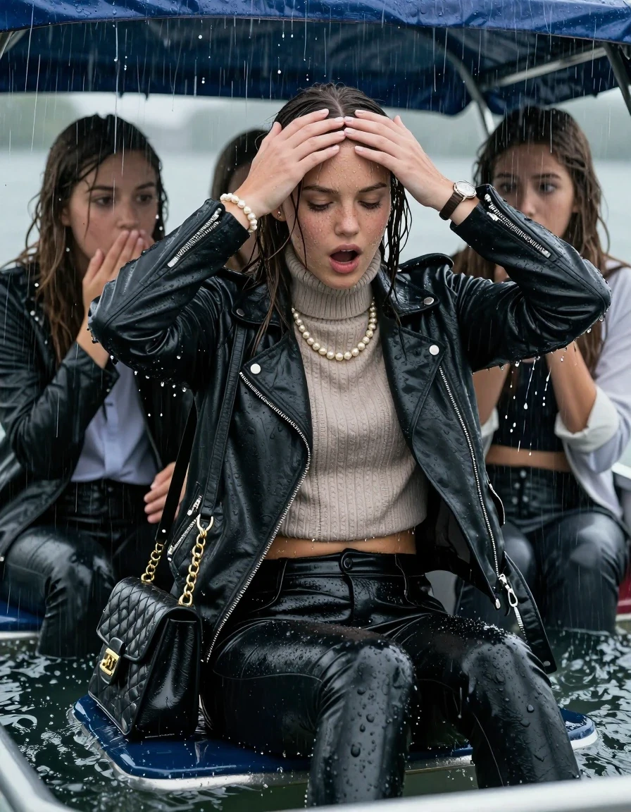 photo of young woman, in soaking wet, drenched clothes,
, Black leatherleggings , Biker leatherjacket, knit turtleneck sweater belly free, handbag, pearl necklace, bracelet, wristwatch, Sitting Under a flood of water from the canopy of a boat during extremely heavy rain, 
enjoying, wet clothes stuck to body,
detailed textures of the wet clothes, wet face, wet plastered hair,
wet, drenched, professional, high-quality details, full body view.
sharp focus, ultra-high pixel detail, realistic, high-quality, full colors, incredibly detailed, 4k, 8k, 16k, hyper-realistic, RAW photo, masterpiece, ultra-detailed, professionally color graded, professional photograph, 15 years old  school girl and her friends. Completely soaked to the Skin.

Open mouth, hands on her forehead, looking down. One Hand Covers her friends mouth. 

The girls wear different clothes.

she is completely underwater up to her neck, surprised and astonished expression. 

her clothing is soaking wet and clinging tightly to her skin, showing heavy wet folds, darkened fabric texture, and deep water-saturated Patches, her clothes are heavy from the water, water runs from her body and her clothes in streams. A lot of water also runs out of her clothes. Her clothes are darkened by the water. Her submerged clothes are good visible under the water.  she soaked her handbag into the water.

close up view, wet skin, wet clothes, wet hair, damp fabric, water runs down the clothes, wet skin, wet clothes, damp fabric. cinematic medium shot, hyper-realistic wetness, high-contrast water sheen, sharp focus, 16k resolution, professional photography, realistic water physics., wet skin, wet clothes, damp fabric, wet skin, wet clothes, damp fabric, wet skin, wet clothes, damp fabric, wet skin, wet clothes, damp fabric, wet skin, wet clothes, damp fabric, wet skin, wet clothes, damp fabric, wet skin, wet clothes, damp fabric, wet skin, wet clothes, damp fabric