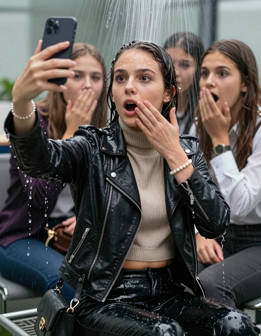 photo of young woman, in soaking wet, drenched clothes,
, , Biker leatherjacket, knit turtleneck sweater belly free, handbag, pearl necklace, bracelet, wristwatch, Sitting Under the sprinkler at office, strong jet of water, 
enjoying, wet clothes stuck to body,
detailed textures of the wet clothes, wet face, wet plastered hair,
wet, drenched, professional, high-quality details, full body view.
sharp focus, ultra-high pixel detail, realistic, high-quality, full colors, incredibly detailed, 4k, 8k, 16k, hyper-realistic, RAW photo, masterpiece, ultra-detailed, professionally color graded, professional photograph, 15 years old  school girl and her friends. Completely soaked to the Skin.

Only head and shoulders are over the surface visible. One Hand Covers her friends mouth. Take a Selfie with her Smartphone.

The girls wear different clothes.

she is completely underwater up to her neck, surprised and astonished expression. 

her clothing is soaking wet and clinging tightly to her skin, showing heavy wet folds, darkened fabric texture, and deep water-saturated Patches, her clothes are heavy from the water, water runs from her body and her clothes in streams. A lot of water also runs out of her clothes. Her clothes are darkened by the water. Her submerged clothes are good visible under the water.  she soaked her handbag into the water.

close up view, wet skin, wet clothes, wet hair, damp fabric, water runs down the clothes, wet skin, wet clothes, damp fabric. cinematic medium shot, hyper-realistic wetness, high-contrast water sheen, sharp focus, 16k resolution, professional photography, realistic water physics., wet skin, wet clothes, damp fabric, wet skin, wet clothes, damp fabric, wet skin, wet clothes, damp fabric, wet skin, wet clothes, damp fabric, wet skin, wet clothes, damp fabric, wet skin, wet clothes, damp fabric, wet skin, wet clothes, damp fabric, wet skin, wet clothes, damp fabric