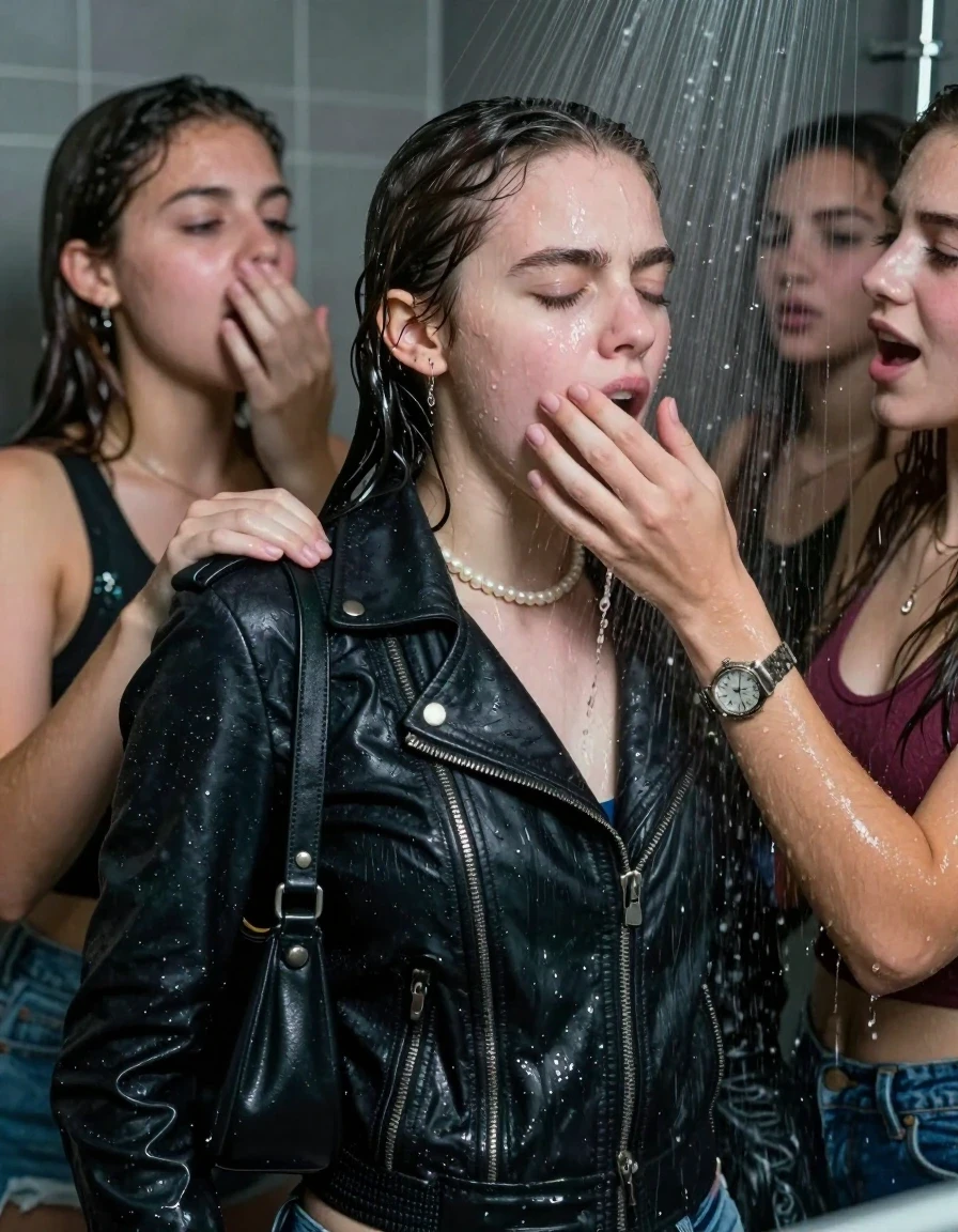 photo of young woman, in soaking wet, drenched clothes,
, , Biker leatherjacket, sweater belly free, shoulderbag, pearl necklace, bracelet, wristwatch, Orgasm Under the shower, strong jet of water, party room, 
enjoying, wet clothes stuck to body,
detailed textures of the wet clothes, wet face, wet plastered hair,
wet, drenched, professional, high-quality details, full body view.
sharp focus, ultra-high pixel detail, realistic, high-quality, full colors, incredibly detailed, 4k, 8k, 16k, hyper-realistic, RAW photo, masterpiece, ultra-detailed, professionally color graded, professional photograph, Sleek long ponytail with bangs

 15 years old  school girl and her female  friends

Only head and shoulders are over the surface visible. Looking down to the side. Open mouth, closed eyes, yawning.  Her mouth is covered by her friends Hand. hugs her friend.

The girls wear different clothes. All girls have an orgasm. 

she is completely underwater up to her neck, horny and bored expression. 

her clothing is soaking wet and clinging tightly to her skin, showing heavy wet folds, darkened fabric texture, and deep water-saturated Patches, her clothes are heavy from the water, water runs from her body and her clothes in streams. A lot of water also runs out of her clothes. Her clothes are darkened by the water. Her submerged clothes are good visible under the water.  she soaked her handbag into the water.

close up view, wet skin, wet clothes, wet hair, damp fabric, water runs down the clothes, wet skin, wet clothes, damp fabric. cinematic medium shot, hyper-realistic wetness, high-contrast water sheen, sharp focus, 16k resolution, professional photography, realistic water physics., wet skin, wet clothes, damp fabric, wet skin, wet clothes, damp fabric, wet skin, wet clothes, damp fabric, wet skin, wet clothes, damp fabric, wet skin, wet clothes, damp fabric, wet skin, wet clothes, damp fabric, wet skin, wet clothes, damp fabric, wet skin, wet clothes, damp fabric