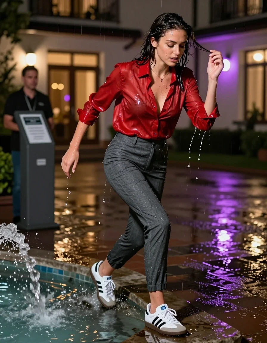 photo of young woman, in soaking wet, drenched clothes,
White samba adidas sneakers soaked with dark puddles, slim-fit charcoal grey wool trousers clinging to skin, silk red button-down shirt drenched and transparent, Climbing out of a fountain of an upscale hotel driveway at night, 
enjoying, wet clothes stuck to body,
detailed textures of the wet clothes, wet face, wet plastered hair,
wet, drenched, professional, high-quality details, full body view.
sharp focus, ultra-high pixel detail, realistic, high-quality, full colors, incredibly detailed, 4k, 8k, 16k, hyper-realistic, RAW photo, masterpiece, ultra-detailed, professionally color graded, professional photograph, woman rushing toward a valet stand, fabric clinging to frame, high-speed flash photography, candid paparazzi style, wide-angle cinematic framing, rain droplets suspended in air, hyper-realistic textures, vibrant ambient neon reflections, sharp focus., wet skin, wet clothes, damp fabric