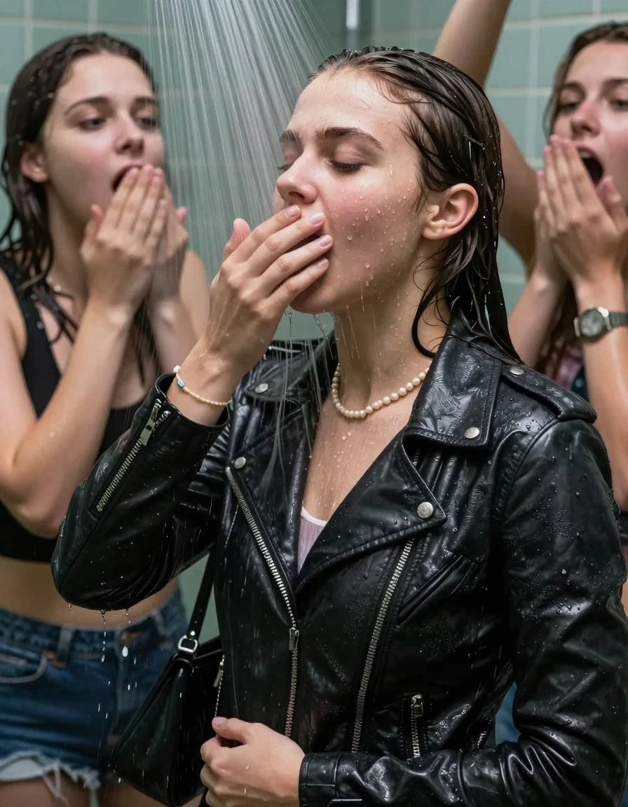 photo of young woman, in soaking wet, drenched clothes,
, , Biker leatherjacket, sweater belly free, shoulderbag, pearl necklace, bracelet, wristwatch, Orgasm Under the shower, strong jet of water, party room, 
enjoying, wet clothes stuck to body,
detailed textures of the wet clothes, wet face, wet plastered hair,
wet, drenched, professional, high-quality details, full body view.
sharp focus, ultra-high pixel detail, realistic, high-quality, full colors, incredibly detailed, 4k, 8k, 16k, hyper-realistic, RAW photo, masterpiece, ultra-detailed, professionally color graded, professional photograph, Sleek long ponytail with bangs

 15 years old  school girl and her female  friends

Only head and shoulders are over the surface visible. Looking slightly away. Open mouth, closed eyes. Her mouth is covered by her friends Hand.

The girls wear different clothes. All girls have an orgasm. 

she is completely underwater up to her neck, surprised and astonished expression. 

her clothing is soaking wet and clinging tightly to her skin, showing heavy wet folds, darkened fabric texture, and deep water-saturated Patches, her clothes are heavy from the water, water runs from her body and her clothes in streams. A lot of water also runs out of her clothes. Her clothes are darkened by the water. Her submerged clothes are good visible under the water.  she soaked her handbag into the water.

close up view, wet skin, wet clothes, wet hair, damp fabric, water runs down the clothes, wet skin, wet clothes, damp fabric. cinematic medium shot, hyper-realistic wetness, high-contrast water sheen, sharp focus, 16k resolution, professional photography, realistic water physics., wet skin, wet clothes, damp fabric, wet skin, wet clothes, damp fabric, wet skin, wet clothes, damp fabric, wet skin, wet clothes, damp fabric, wet skin, wet clothes, damp fabric, wet skin, wet clothes, damp fabric, wet skin, wet clothes, damp fabric, wet skin, wet clothes, damp fabric