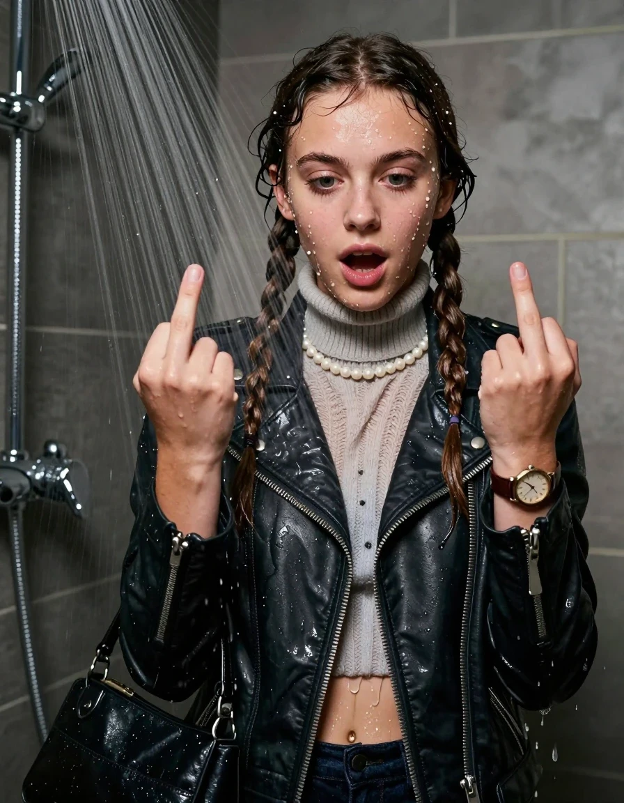 photo of young woman, in soaking wet, drenched clothes,
, , Biker leatherjacket, knit turtleneck sweater belly free, handbag, pearl necklace, bracelet, wristwatch, Under the shower, strong jet of water, party room, 
enjoying, wet clothes stuck to body,
detailed textures of the wet clothes, wet face, wet plastered hair,
wet, drenched, professional, high-quality details, full body view.
sharp focus, ultra-high pixel detail, realistic, high-quality, full colors, incredibly detailed, 4k, 8k, 16k, hyper-realistic, RAW photo, masterpiece, ultra-detailed, professionally color graded, professional photograph, Two long braids 

 15 years old  school girl

Only head and shoulders are over the surface visible. Open mouth, big eyes. Looking down. Shows her middle finger with one hand.

The girls wear different clothes.

she is completely underwater up to her neck, surprised and astonished expression. 

her clothing is soaking wet and clinging tightly to her skin, showing heavy wet folds, darkened fabric texture, and deep water-saturated Patches, her clothes are heavy from the water, water runs from her body and her clothes in streams. A lot of water also runs out of her clothes. Her clothes are darkened by the water. Her submerged clothes are good visible under the water.  she soaked her handbag into the water.

close up view, wet skin, wet clothes, wet hair, damp fabric, water runs down the clothes, wet skin, wet clothes, damp fabric. cinematic medium shot, hyper-realistic wetness, high-contrast water sheen, sharp focus, 16k resolution, professional photography, realistic water physics., wet skin, wet clothes, damp fabric, wet skin, wet clothes, damp fabric, wet skin, wet clothes, damp fabric, wet skin, wet clothes, damp fabric, wet skin, wet clothes, damp fabric