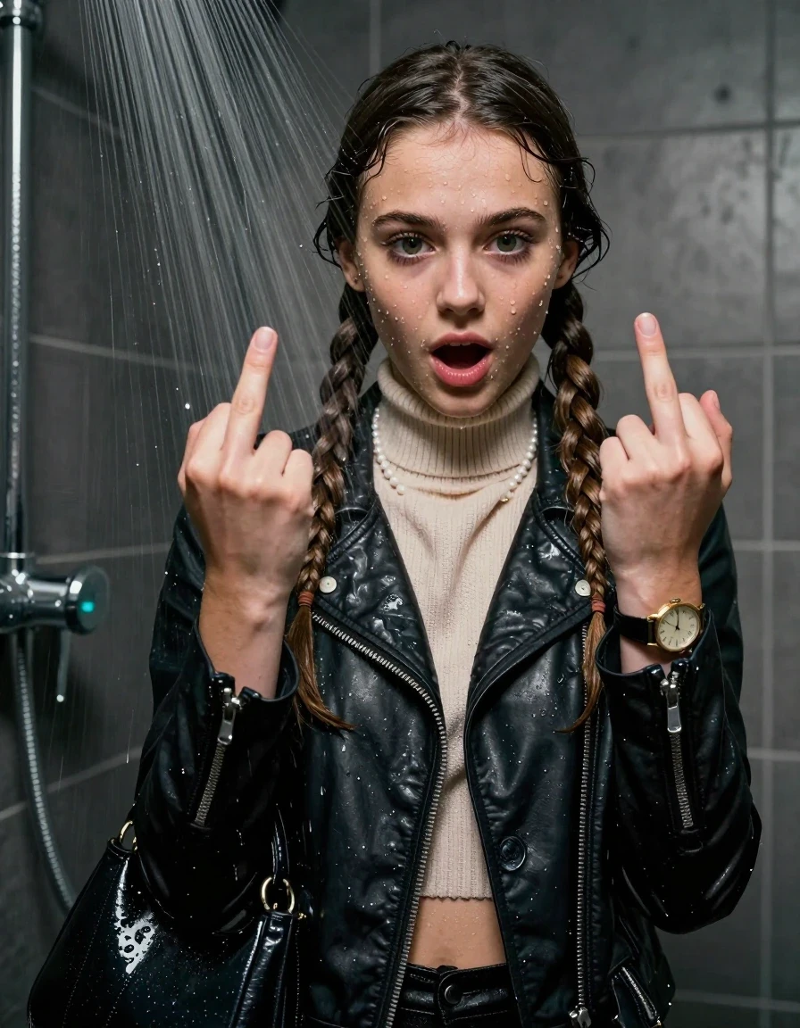 photo of young woman, in soaking wet, drenched clothes,
, , Biker leatherjacket, knit turtleneck sweater belly free, handbag, pearl necklace, bracelet, wristwatch, Under the shower, strong jet of water, party room, 
enjoying, wet clothes stuck to body,
detailed textures of the wet clothes, wet face, wet plastered hair,
wet, drenched, professional, high-quality details, full body view.
sharp focus, ultra-high pixel detail, realistic, high-quality, full colors, incredibly detailed, 4k, 8k, 16k, hyper-realistic, RAW photo, masterpiece, ultra-detailed, professionally color graded, professional photograph, Two long braids 

 15 years old  school girl

Only head and shoulders are over the surface visible. Open mouth, big eyes. Looking down. Shows her middle finger.

The girls wear different clothes.

she is completely underwater up to her neck, surprised and astonished expression. 

her clothing is soaking wet and clinging tightly to her skin, showing heavy wet folds, darkened fabric texture, and deep water-saturated Patches, her clothes are heavy from the water, water runs from her body and her clothes in streams. A lot of water also runs out of her clothes. Her clothes are darkened by the water. Her submerged clothes are good visible under the water.  she soaked her handbag into the water.

close up view, wet skin, wet clothes, wet hair, damp fabric, water runs down the clothes, wet skin, wet clothes, damp fabric. cinematic medium shot, hyper-realistic wetness, high-contrast water sheen, sharp focus, 16k resolution, professional photography, realistic water physics., wet skin, wet clothes, damp fabric, wet skin, wet clothes, damp fabric, wet skin, wet clothes, damp fabric, wet skin, wet clothes, damp fabric, wet skin, wet clothes, damp fabric