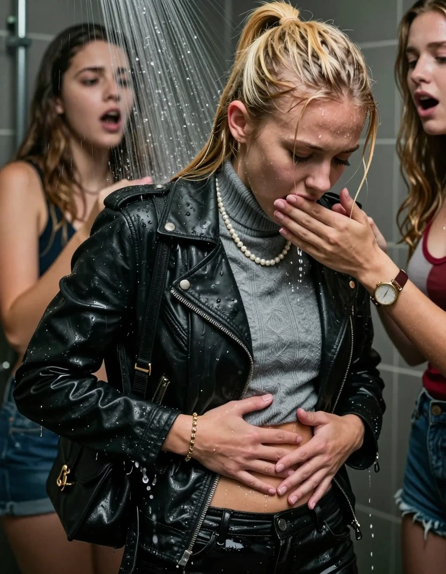 photo of young woman, in soaking wet, drenched clothes,
, , Biker leatherjacket, grey knit turtleneck sweater belly free, shoulderbag, pearl necklace, bracelet, wristwatch, Orgasm Under the shower, strong jet of water, party room, 
enjoying, wet clothes stuck to body,
detailed textures of the wet clothes, wet face, wet plastered hair,
wet, drenched, professional, high-quality details, full body view.
sharp focus, ultra-high pixel detail, realistic, high-quality, full colors, incredibly detailed, 4k, 8k, 16k, hyper-realistic, RAW photo, masterpiece, ultra-detailed, professionally color graded, professional photograph, Blonde Sleek long ponytail with bangs

 15 years old  school girl and her female  friends
Looking down to the side. Moaning. Open mouth, closed eyes. Hands on her belly. Her mouth is covered by her friends Hand.

The girls wear different clothes.

she is completely underwater up to her neck, surprised and astonished expression. 

her clothing is soaking wet and clinging tightly to her skin, showing heavy wet folds, darkened fabric texture, and deep water-saturated Patches, her clothes are heavy from the water, water runs from her body and her clothes in streams. A lot of water also runs out of her clothes. Her clothes are darkened by the water. Her submerged clothes are good visible under the water.  she soaked her handbag into the water.

close up view, wet skin, wet clothes, wet hair, damp fabric, water runs down the clothes, wet skin, wet clothes, damp fabric. cinematic medium shot, hyper-realistic wetness, high-contrast water sheen, sharp focus, 16k resolution, professional photography, realistic water physics., wet skin, wet clothes, damp fabric, wet skin, wet clothes, damp fabric, wet skin, wet clothes, damp fabric, wet skin, wet clothes, damp fabric, wet skin, wet clothes, damp fabric, wet skin, wet clothes, damp fabric, wet skin, wet clothes, damp fabric