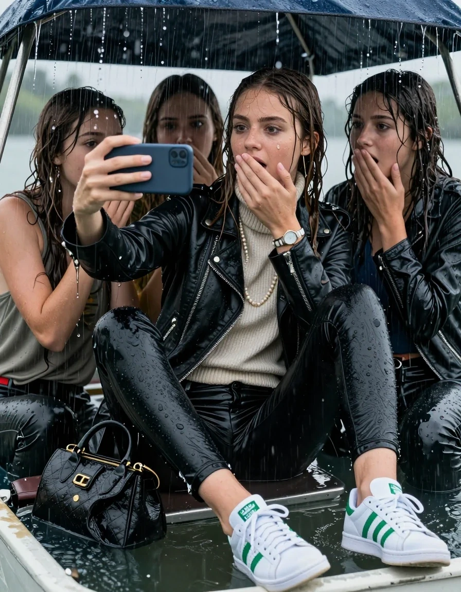 photo of young woman, in soaking wet, drenched clothes,
White sneakers Adidas green Stan Smith , Black leatherleggings , Biker leatherjacket, knit turtleneck sweater belly free, handbag, pearl necklace, bracelet, wristwatch, Sitting Under a flood of water from the canopy of a sinking boat during extremely heavy rain, 
enjoying, wet clothes stuck to body,
detailed textures of the wet clothes, wet face, wet plastered hair,
wet, drenched, professional, high-quality details, full body view.
sharp focus, ultra-high pixel detail, realistic, high-quality, full colors, incredibly detailed, 4k, 8k, 16k, hyper-realistic, RAW photo, masterpiece, ultra-detailed, professionally color graded, professional photograph, 15 years old teenage girl and her friends. Completely soaked to the Skin.

Open mouth, hands on her mouth, looking down. One Hand Covers her friends mouth. 
Take a Selfie with her Smartphone.
The girls wear different clothes.

she is completely underwater up to her neck, surprised and astonished expression. 

her clothing is soaking wet and clinging tightly to her skin, showing heavy wet folds, darkened fabric texture, and deep water-saturated Patches, her clothes are heavy from the water, water runs from her body and her clothes in streams. A lot of water also runs out of her clothes. Her clothes are darkened by the water. Her submerged clothes are good visible under the water.  she soaked her handbag into the water.

close up view, wet skin, wet clothes, wet hair, damp fabric, water runs down the clothes, wet skin, wet clothes, damp fabric. cinematic medium shot, hyper-realistic wetness, high-contrast water sheen, sharp focus, 16k resolution, professional photography, realistic water physics., wet skin, wet clothes, damp fabric, wet skin, wet clothes, damp fabric, wet skin, wet clothes, damp fabric, wet skin, wet clothes, damp fabric, wet skin, wet clothes, damp fabric, wet skin, wet clothes, damp fabric, wet skin, wet clothes, damp fabric, wet skin, wet clothes, damp fabric, wet skin, wet clothes, damp fabric