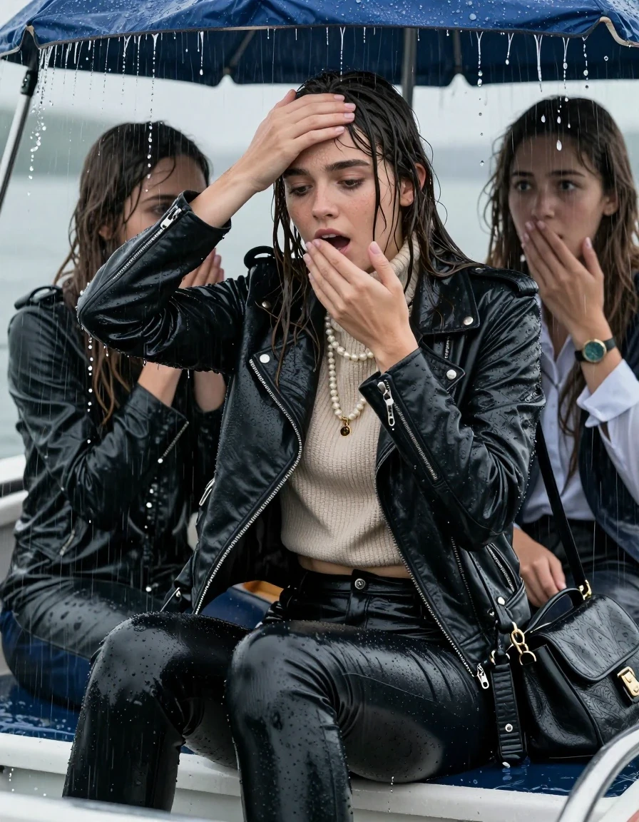 photo of young woman, in soaking wet, drenched clothes,
, Black leatherleggings , Biker leatherjacket, knit turtleneck sweater belly free, handbag, pearl necklace, bracelet, wristwatch, Sitting Under a flood of water from the canopy of a boat during extremely heavy rain, 
enjoying, wet clothes stuck to body,
detailed textures of the wet clothes, wet face, wet plastered hair,
wet, drenched, professional, high-quality details, full body view.
sharp focus, ultra-high pixel detail, realistic, high-quality, full colors, incredibly detailed, 4k, 8k, 16k, hyper-realistic, RAW photo, masterpiece, ultra-detailed, professionally color graded, professional photograph, 15 years old  school girl and her friends. Completely soaked to the Skin.

Open mouth, hands on her forehead, looking down. One Hand Covers her friends mouth. 

The girls wear different clothes.

she is completely underwater up to her neck, surprised and astonished expression. 

her clothing is soaking wet and clinging tightly to her skin, showing heavy wet folds, darkened fabric texture, and deep water-saturated Patches, her clothes are heavy from the water, water runs from her body and her clothes in streams. A lot of water also runs out of her clothes. Her clothes are darkened by the water. Her submerged clothes are good visible under the water.  she soaked her handbag into the water.

close up view, wet skin, wet clothes, wet hair, damp fabric, water runs down the clothes, wet skin, wet clothes, damp fabric. cinematic medium shot, hyper-realistic wetness, high-contrast water sheen, sharp focus, 16k resolution, professional photography, realistic water physics., wet skin, wet clothes, damp fabric, wet skin, wet clothes, damp fabric, wet skin, wet clothes, damp fabric, wet skin, wet clothes, damp fabric, wet skin, wet clothes, damp fabric, wet skin, wet clothes, damp fabric, wet skin, wet clothes, damp fabric, wet skin, wet clothes, damp fabric