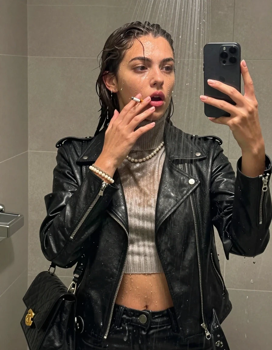 photo of young woman, in soaking wet, drenched clothes,
, , Biker leatherjacket, knit turtleneck sweater belly free, handbag, pearl necklace, bracelet, wristwatch, Under the shower, strong jet of water, in modern bathroom, Smoking a cigarette, 
enjoying, wet clothes stuck to body,
detailed textures of the wet clothes, wet face, wet plastered hair,
wet, drenched, professional, high-quality details, full body view.
sharp focus, ultra-high pixel detail, realistic, high-quality, full colors, incredibly detailed, 4k, 8k, 16k, hyper-realistic, RAW photo, masterpiece, ultra-detailed, professionally color graded, professional photograph, 15 years old  school girl and her friends. Completely soaked to the Skin.

Only head and shoulders are over the surface visible. One Hand over her mouth. Take a Selfie with her Smartphone.

The girls wear different clothes.

she is completely underwater up to her neck, surprised and astonished expression. 

her clothing is soaking wet and clinging tightly to her skin, showing heavy wet folds, darkened fabric texture, and deep water-saturated Patches, her clothes are heavy from the water, water runs from her body and her clothes in streams. A lot of water also runs out of her clothes. Her clothes are darkened by the water. Her submerged clothes are good visible under the water.  she soaked her handbag into the water.

close up view, wet skin, wet clothes, wet hair, damp fabric, water runs down the clothes, wet skin, wet clothes, damp fabric. cinematic medium shot, hyper-realistic wetness, high-contrast water sheen, sharp focus, 16k resolution, professional photography, realistic water physics., wet skin, wet clothes, damp fabric, wet skin, wet clothes, damp fabric, wet skin, wet clothes, damp fabric, wet skin, wet clothes, damp fabric, wet skin, wet clothes, damp fabric, wet skin, wet clothes, damp fabric, wet skin, wet clothes, damp fabric, wet skin, wet clothes, damp fabric