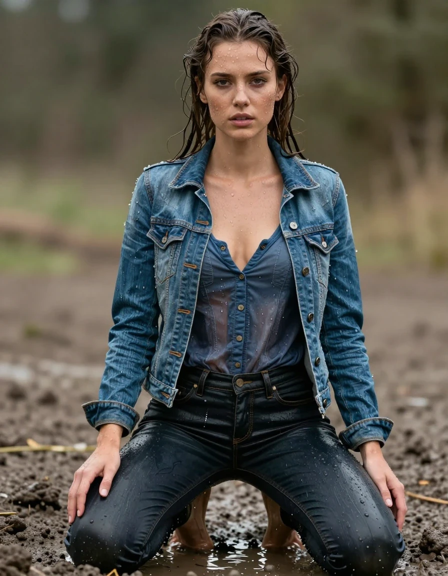 photo of young woman, in soaking wet, drenched clothes,
Lederjeans, Jeansjacke offenes jeanshemd, , 
enjoying, wet clothes stuck to body,
detailed textures of the wet clothes, wet face, wet plastered hair,
wet, drenched, professional, high-quality details, full body view.
sharp focus, ultra-high pixel detail, realistic, high-quality, full colors, incredibly detailed, 4k, 8k, 16k, hyper-realistic, RAW photo, masterpiece, ultra-detailed, professionally color graded, professional photograph, Schlamm liegen, wet skin, wet clothes, damp fabric