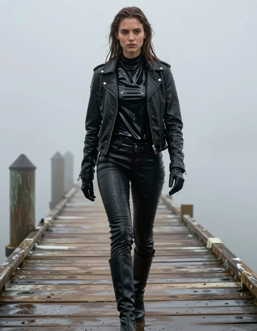 A young adult European woman with long, dripping wet brown hair, standing on a wooden pier at the docks in heavy mist. She is wearing an oversize black vinyl polar neck shirt with a high-gloss reflective finish, layered under a rugged black biker leather jacket, with black leather gloves on both hands. She wears tight black leather jeans that are visibly saturated with water, showing heavy wet folds, clinging to her legs, and displaying high-contrast glossy specular highlights on the seams and creases. She wears black leather knee-high boots. Her skin is drenched with visible water sheen and rivulets, and her clothing is heavy with absorbed water, showing deep saturation and damp fabric textures. The scene is captured in a cinematic, photorealistic style with moody, diffused lighting reflecting off the wet surfaces. The composition emphasizes her silhouette against the atmospheric, misty dockside background. Strictly no nudity, fully clothed, realistic anatomical proportions, high-fidelity textures.