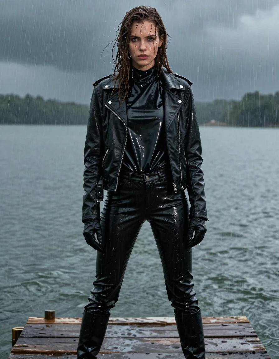A photorealistic full-body shot of a young adult European woman with long, dripping wet brown hair, standing on a weathered wooden pier at a lake during a heavy rainstorm. She is wearing an oversized black vinyl polar neck shirt with a high-gloss wet sheen, a black biker leather jacket, and black leather jeans that cling to her legs with heavy wet folds and a slick, water-slicked texture. She wears black leather gloves on both hands and black leather knee-high boots. Her skin is visibly drenched, with rivulets of rainwater running down her face and neck, and her clothes are saturated, dark, and heavy with moisture. The lighting is moody and overcast, emphasizing the glistening, wet surfaces of the vinyl and leather against the dark, stormy lake backdrop. High-contrast, cinematic photography, sharp focus on the texture of wet fabric and skin, water droplets splashing off her hair, hyper-realistic rain atmosphere.