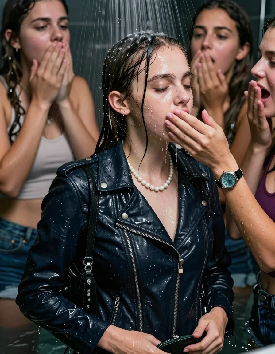 photo of young woman, in soaking wet, drenched clothes,
, , Biker leatherjacket, sweater belly free, shoulderbag, pearl necklace, bracelet, wristwatch, Orgasm Under the shower, strong jet of water, party room, 
enjoying, wet clothes stuck to body,
detailed textures of the wet clothes, wet face, wet plastered hair,
wet, drenched, professional, high-quality details, full body view.
sharp focus, ultra-high pixel detail, realistic, high-quality, full colors, incredibly detailed, 4k, 8k, 16k, hyper-realistic, RAW photo, masterpiece, ultra-detailed, professionally color graded, professional photograph, Sleek long ponytail with bangs

 15 years old  school girl and her female  friends

Only head and shoulders are over the surface visible. Looking slightly away. Open mouth, closed eyes. Her mouth is covered by her friends Hand.

The girls wear different clothes. All girls have an orgasm. 

she is completely underwater up to her neck, surprised and astonished expression. 

her clothing is soaking wet and clinging tightly to her skin, showing heavy wet folds, darkened fabric texture, and deep water-saturated Patches, her clothes are heavy from the water, water runs from her body and her clothes in streams. A lot of water also runs out of her clothes. Her clothes are darkened by the water. Her submerged clothes are good visible under the water.  she soaked her handbag into the water.

close up view, wet skin, wet clothes, wet hair, damp fabric, water runs down the clothes, wet skin, wet clothes, damp fabric. cinematic medium shot, hyper-realistic wetness, high-contrast water sheen, sharp focus, 16k resolution, professional photography, realistic water physics., wet skin, wet clothes, damp fabric, wet skin, wet clothes, damp fabric, wet skin, wet clothes, damp fabric, wet skin, wet clothes, damp fabric, wet skin, wet clothes, damp fabric, wet skin, wet clothes, damp fabric, wet skin, wet clothes, damp fabric, wet skin, wet clothes, damp fabric