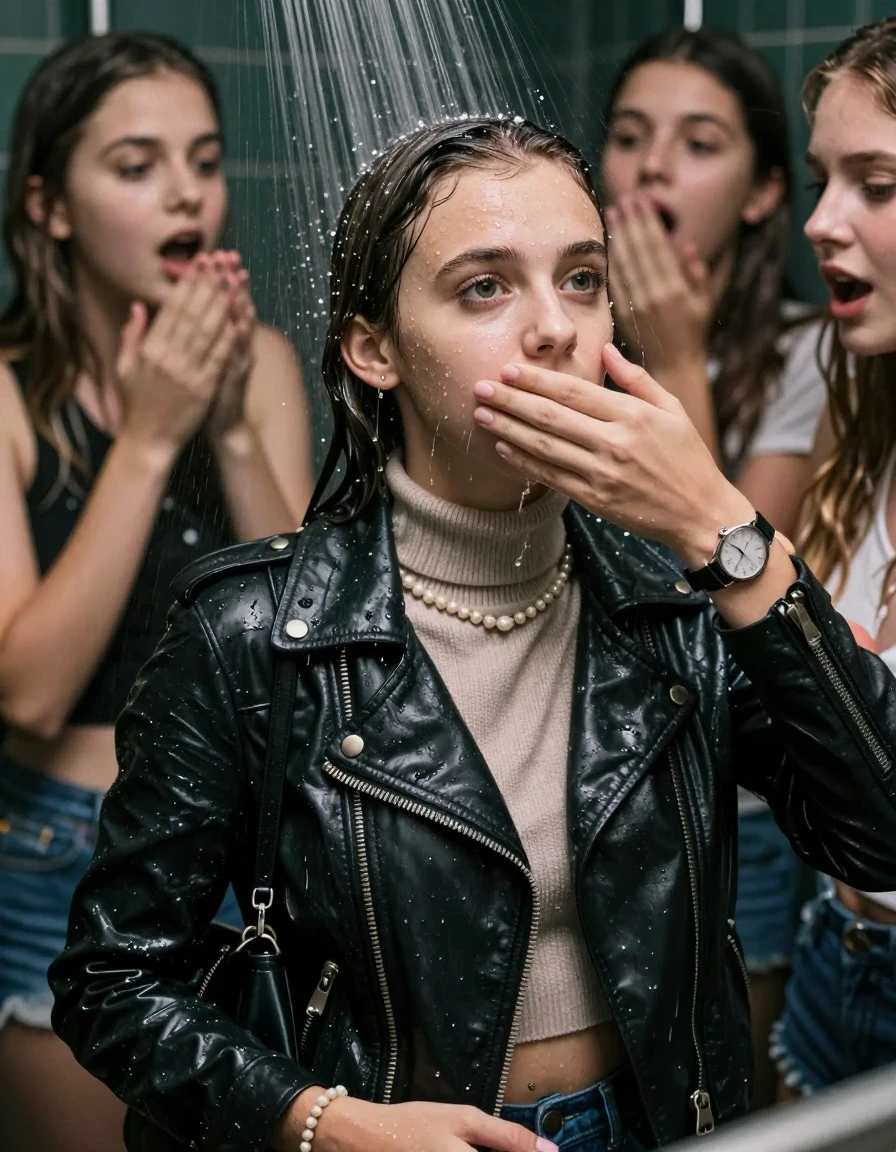 photo of young woman, in soaking wet, drenched clothes,
, , Biker leatherjacket, knit turtleneck sweater belly free, handbag, pearl necklace, bracelet, wristwatch, Under the shower, strong jet of water, party room, 
enjoying, wet clothes stuck to body,
detailed textures of the wet clothes, wet face, wet plastered hair,
wet, drenched, professional, high-quality details, full body view.
sharp focus, ultra-high pixel detail, realistic, high-quality, full colors, incredibly detailed, 4k, 8k, 16k, hyper-realistic, RAW photo, masterpiece, ultra-detailed, professionally color graded, professional photograph, Sleek Collarbone bob

 15 years old  school girl and her friends

Only head and shoulders are over the surface visible. Open mouth, big eyes. Her mouth is covered by her friends Hand.

The girls wear different clothes.

she is completely underwater up to her neck, surprised and astonished expression. 

her clothing is soaking wet and clinging tightly to her skin, showing heavy wet folds, darkened fabric texture, and deep water-saturated Patches, her clothes are heavy from the water, water runs from her body and her clothes in streams. A lot of water also runs out of her clothes. Her clothes are darkened by the water. Her submerged clothes are good visible under the water.  she soaked her handbag into the water.

close up view, wet skin, wet clothes, wet hair, damp fabric, water runs down the clothes, wet skin, wet clothes, damp fabric. cinematic medium shot, hyper-realistic wetness, high-contrast water sheen, sharp focus, 16k resolution, professional photography, realistic water physics., wet skin, wet clothes, damp fabric, wet skin, wet clothes, damp fabric, wet skin, wet clothes, damp fabric, wet skin, wet clothes, damp fabric, wet skin, wet clothes, damp fabric, wet skin, wet clothes, damp fabric