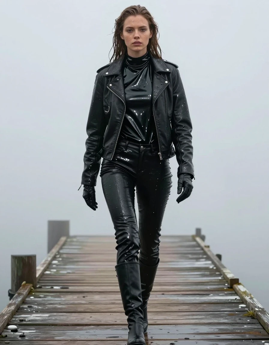 A young adult European woman with long, dripping wet brown hair, standing on a wooden pier at the docks amidst a heavy, dense mist. She is wearing an oversized black vinyl polar neck shirt with a high-gloss wet sheen, a black biker leather jacket, and black leather gloves. Her legs are clad in soaking-wet black leather jeans, featuring heavy wet folds, clinging texture, and strong glossy specular reflections on the seams and creases. She is wearing black leather knee-high boots. Her skin is visibly wet and glistening with water, and her clothes are drenched, showing damp fabric and heavy water-saturated textures. The scene is photorealistic, capturing the subject walking through the mist, with water sheen and weight on all surfaces. No nudity, clean anatomical features, high-contrast lighting, cinematic composition.