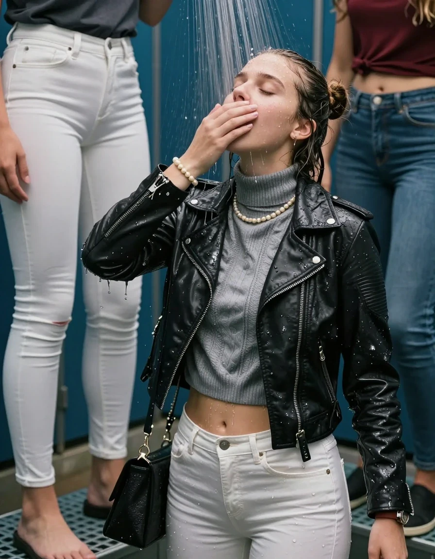 photo of young woman, in soaking wet, drenched clothes,
, White tight skinny jeans, Biker leatherjacket, grey knit turtleneck sweater belly free, handbag, pearl necklace, bracelet, wristwatch, Orgasm Under the shower, strong jet of water, locker room, 
enjoying, wet clothes stuck to body,
detailed textures of the wet clothes, wet face, wet plastered hair,
wet, drenched, professional, high-quality details, full body view.
sharp focus, ultra-high pixel detail, realistic, high-quality, full colors, incredibly detailed, 4k, 8k, 16k, hyper-realistic, RAW photo, masterpiece, ultra-detailed, professionally color graded, professional photograph, Topknot

 15 years old  school girl and her female  friends

Only head and shoulders are over the surface visible. Looking up. Open mouth, closed eyes. Her mouth is covered by her friends Hand.

The girls wear different clothes.

she is completely underwater up to her neck, surprised and astonished expression. 

her clothing is soaking wet and clinging tightly to her skin, showing heavy wet folds, darkened fabric texture, and deep water-saturated Patches, her clothes are heavy from the water, water runs from her body and her clothes in streams. A lot of water also runs out of her clothes. Her clothes are darkened by the water. Her submerged clothes are good visible under the water.  she soaked her handbag into the water.

close up view, wet skin, wet clothes, wet hair, damp fabric, water runs down the clothes, wet skin, wet clothes, damp fabric. cinematic medium shot, hyper-realistic wetness, high-contrast water sheen, sharp focus, 16k resolution, professional photography, realistic water physics., wet skin, wet clothes, damp fabric, wet skin, wet clothes, damp fabric, wet skin, wet clothes, damp fabric, wet skin, wet clothes, damp fabric, wet skin, wet clothes, damp fabric, wet skin, wet clothes, damp fabric