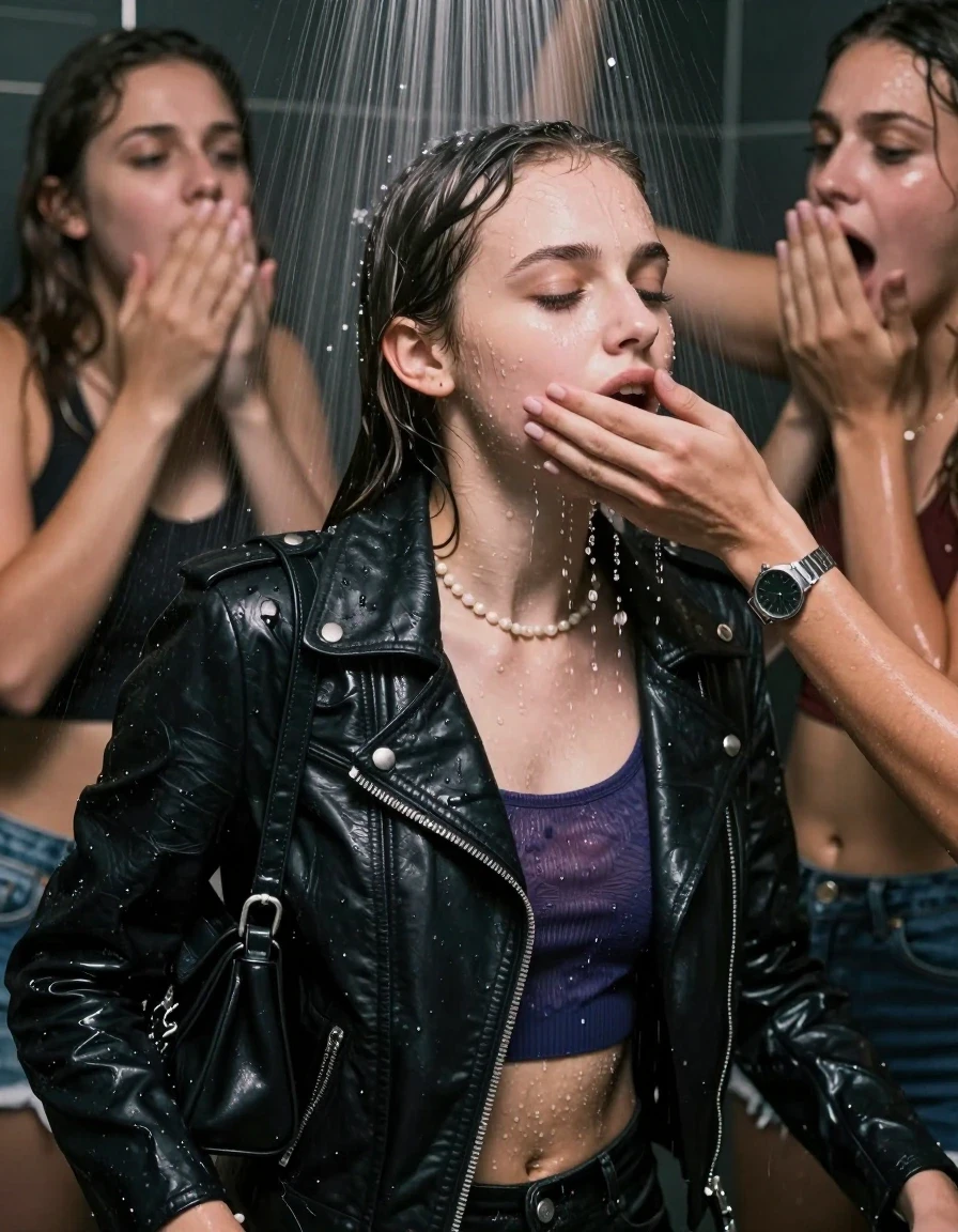 photo of young woman, in soaking wet, drenched clothes,
, , Biker leatherjacket, sweater belly free, shoulderbag, pearl necklace, bracelet, wristwatch, Orgasm Under the shower, strong jet of water, party room, 
enjoying, wet clothes stuck to body,
detailed textures of the wet clothes, wet face, wet plastered hair,
wet, drenched, professional, high-quality details, full body view.
sharp focus, ultra-high pixel detail, realistic, high-quality, full colors, incredibly detailed, 4k, 8k, 16k, hyper-realistic, RAW photo, masterpiece, ultra-detailed, professionally color graded, professional photograph, Sleek long ponytail with bangs

 15 years old  school girl and her female  friends

Only head and shoulders are over the surface visible. Looking slightly away. Open mouth, closed eyes. Her mouth is covered by her friends Hand.

The girls wear different clothes. All girls have an orgasm. 

she is completely underwater up to her neck, surprised and astonished expression. 

her clothing is soaking wet and clinging tightly to her skin, showing heavy wet folds, darkened fabric texture, and deep water-saturated Patches, her clothes are heavy from the water, water runs from her body and her clothes in streams. A lot of water also runs out of her clothes. Her clothes are darkened by the water. Her submerged clothes are good visible under the water.  she soaked her handbag into the water.

close up view, wet skin, wet clothes, wet hair, damp fabric, water runs down the clothes, wet skin, wet clothes, damp fabric. cinematic medium shot, hyper-realistic wetness, high-contrast water sheen, sharp focus, 16k resolution, professional photography, realistic water physics., wet skin, wet clothes, damp fabric, wet skin, wet clothes, damp fabric, wet skin, wet clothes, damp fabric, wet skin, wet clothes, damp fabric, wet skin, wet clothes, damp fabric, wet skin, wet clothes, damp fabric, wet skin, wet clothes, damp fabric, wet skin, wet clothes, damp fabric