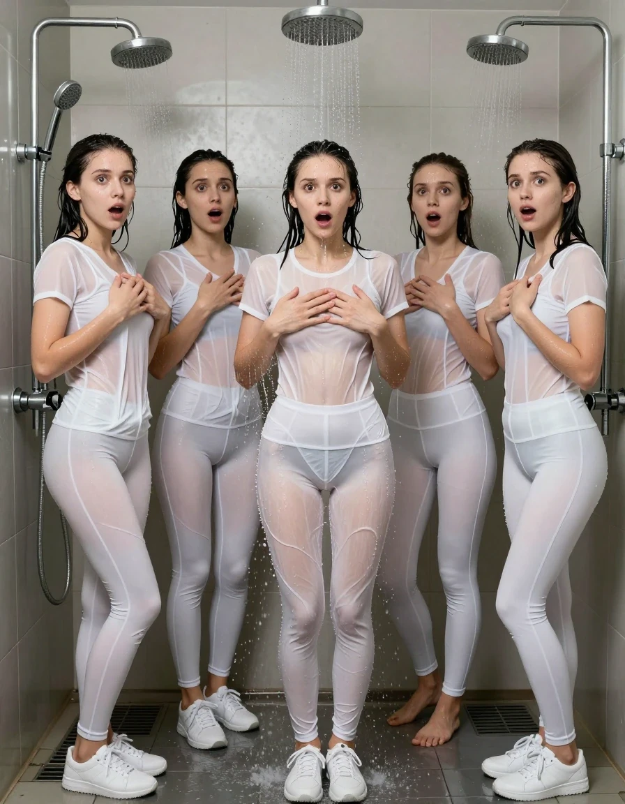 photo of young woman, in soaking wet, drenched clothes,
white sneakers, yoga pants, no underwear, white shirt, no bra, dunk tank, 
enjoying, wet clothes stuck to body,
detailed textures of the wet clothes, wet face, wet plastered hair,
wet, drenched, professional, high-quality details, full body view.
sharp focus, ultra-high pixel detail, realistic, high-quality, full colors, incredibly detailed, 4k, 8k, 16k, hyper-realistic, RAW photo, masterpiece, ultra-detailed, professionally color graded, professional photograph, five woman shower in an comunal shower room. all girls wear white shirts and white yoga pants and no bra. all the yoga pants are dripping wet and seethrough. each girl has an own shower head. all clothes are dripping wet.  they cover her boobs with her handss.
they look very suprised towards the camera. her long black hair is very wet and water is dripping down. european 20 year old woman, wet skin, wet clothes, damp fabric