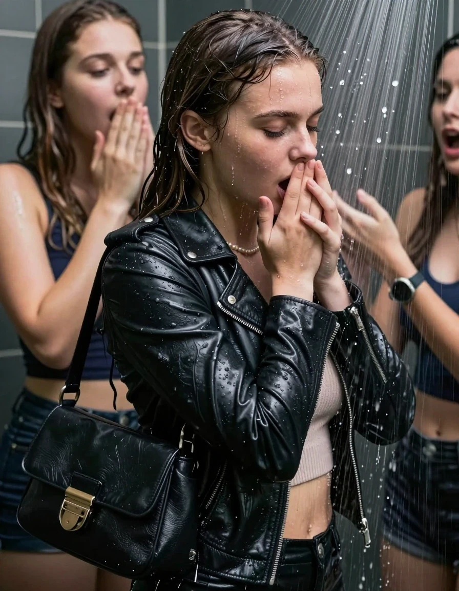 photo of young woman, in soaking wet, drenched clothes,
, , Biker leatherjacket, sweater belly free, shoulderbag, pearl necklace, bracelet, wristwatch, Orgasm Under the shower, strong jet of water, party room, 
enjoying, wet clothes stuck to body,
detailed textures of the wet clothes, wet face, wet plastered hair,
wet, drenched, professional, high-quality details, full body view.
sharp focus, ultra-high pixel detail, realistic, high-quality, full colors, incredibly detailed, 4k, 8k, 16k, hyper-realistic, RAW photo, masterpiece, ultra-detailed, professionally color graded, professional photograph, Sleek long ponytail with bangs

 15 years old  school girl and her female  friends

Only head and shoulders are over the surface visible. Looking down to the side. Open mouth, closed eyes. Her mouth is covered by her friends Hand. hugs her friend.

The girls wear different clothes. All girls have an orgasm. 

she is completely underwater up to her neck, surprised and astonished expression. 

her clothing is soaking wet and clinging tightly to her skin, showing heavy wet folds, darkened fabric texture, and deep water-saturated Patches, her clothes are heavy from the water, water runs from her body and her clothes in streams. A lot of water also runs out of her clothes. Her clothes are darkened by the water. Her submerged clothes are good visible under the water.  she soaked her handbag into the water.

close up view, wet skin, wet clothes, wet hair, damp fabric, water runs down the clothes, wet skin, wet clothes, damp fabric. cinematic medium shot, hyper-realistic wetness, high-contrast water sheen, sharp focus, 16k resolution, professional photography, realistic water physics., wet skin, wet clothes, damp fabric, wet skin, wet clothes, damp fabric, wet skin, wet clothes, damp fabric, wet skin, wet clothes, damp fabric, wet skin, wet clothes, damp fabric, wet skin, wet clothes, damp fabric, wet skin, wet clothes, damp fabric, wet skin, wet clothes, damp fabric